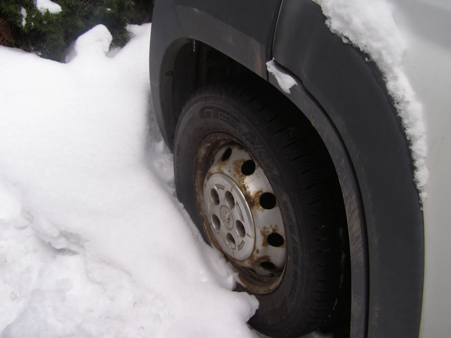 Czarna karoseria samochodu z kołem przodem, opona z napisem "GT", rdzewna felga z otworami, śnieg na błotniku, ziemi i zielonych krzewach w tle, śnieg częściowo zakrywa oponę.