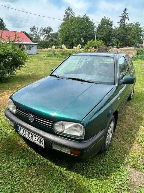 Zielony samochód marki Volkswagen zaparkowany na trawie przed domem z czerwonym dachem. Pojazd ma polską tablicę rejestracyjną o numerze LU 0834N.