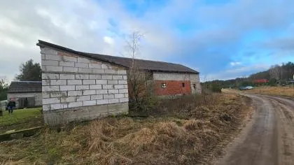 Zdjęcie przedstawiające stary, częściowo zniszczony budynek gospodarczy zbudowany z białych bloczków betonowych i czerwonej cegły. Budynek ma dwuspadowy dach pokryty ciemną papą lub blachą. Obok budynku rośnie wysoka, bezlistna brzoza oraz suche trawy. Po prawej stronie znajduje się nieutwardzona, piaszczysta droga prowadząca w głąb krajobrazu z widocznymi w oddali drzewami i fragmentem innego budynku. Niebo jest jasnoniebieskie z rozproszonymi białymi chmurami.