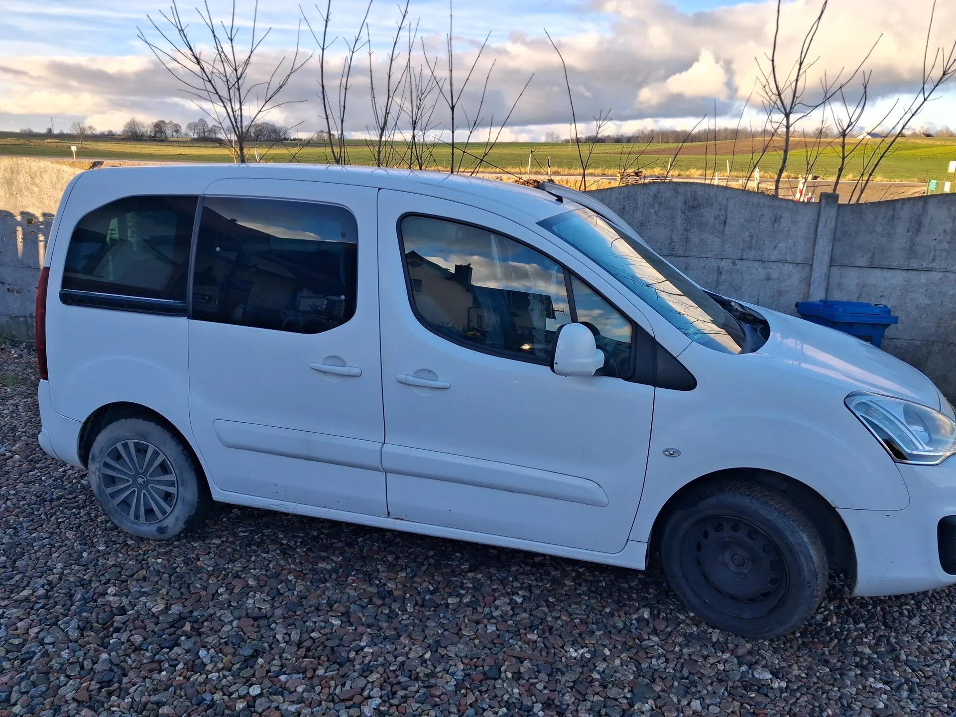 Biały samochód dostawczy zaparkowany na żwirowym podłożu. Po lewej stronie widoczna betonowa ściana, za nią pola i drzewa bez liści. Na tle niebo z chmurami. W tle po prawej stronie niebieski pojemnik na śmieci. Samochód ma czarne felgi, reflektory i lusterko boczne. W szybach odbijają się budynki i niebo.