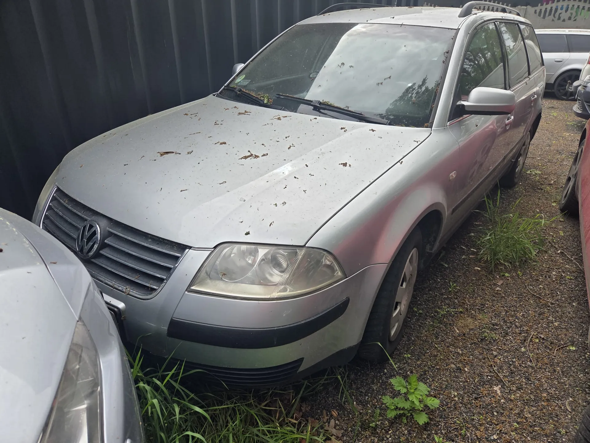 Srebrny samochód osobowy marki Volkswagen typu kombi zaparkowany na podłożu z żwiru i trawy. Na masce widoczne są rozrzucone liście i zabrudzenia. Po lewej stronie częściowo widoczny inny srebrny pojazd, w tle czarna metalowa bariera oraz fragmenty innych samochodów. Samochód ma czarne listwy nadkoli i dachowy bagażnik. Opony i felgi są w stanie użytkowanym.