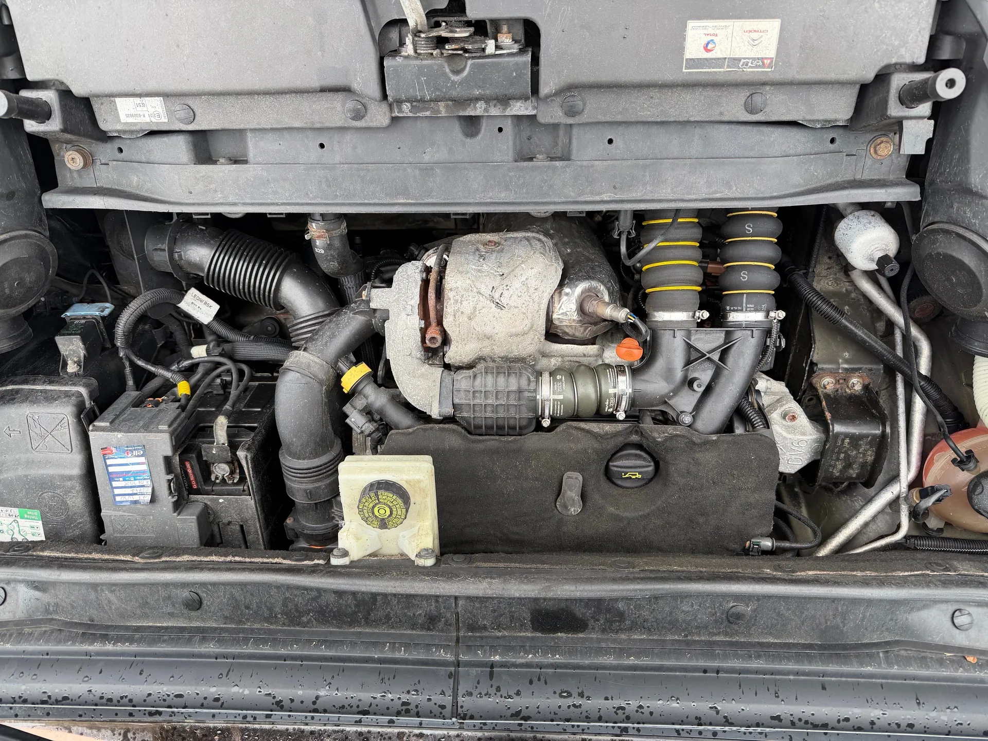 Zdjęcie przedstawia komorę silnika samochodu. Widoczne są czarne przewody z żółtymi paskami, czarne osłony plastikowe, zbiornik płynu chłodniczego z żółtym naklejką, pomarańczowa nakrętka, różne przewody elektryczne oraz etykiety z niewyraźnymi napisami. Komponenty są ułożone gęsto, a powierzchnie części pokryte są kurzem.