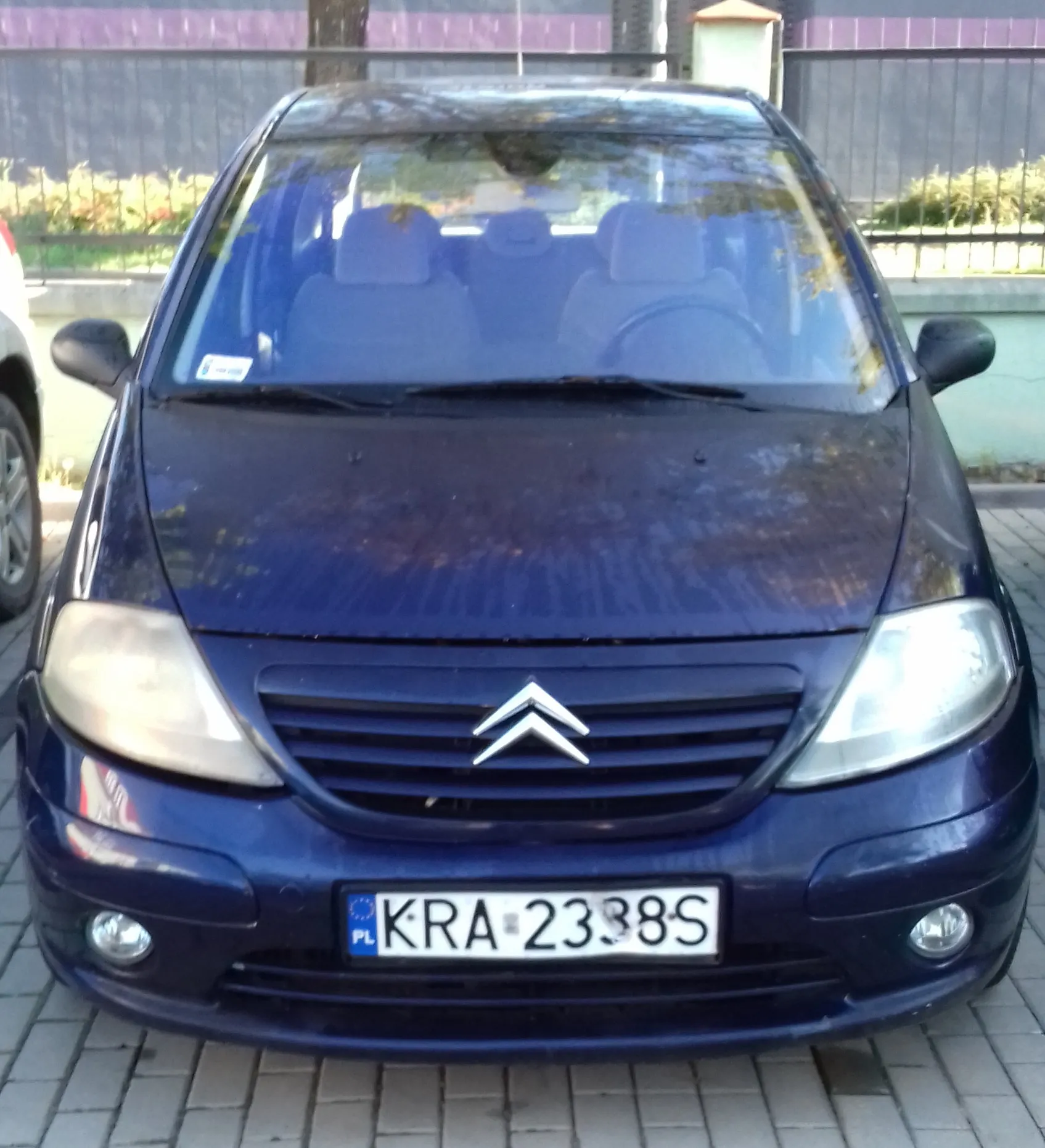 Widok z przodu ciemnoniebieskiego samochodu marki Citroën zaparkowanego na kostce brukowej. Na masce widoczne są zacieki i zabrudzenia. Samochód posiada polską tablicę rejestracyjną o numerze KRA 2338S.