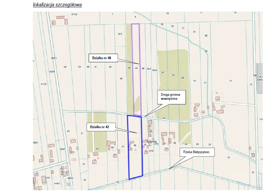 Mapa geodezyjna z zaznaczonymi obszarami. Na mapie znajdują się dwa fioletowe prostokąty z podpisami: górny z tekstem 'Działka nr 40' oraz dolny z tekstem 'Działka nr 42'. Mapa zawiera liczne numery działek, linie granic oraz oznaczenia terenu, w tym napis 'Droga gminna wewnętrzna' oraz 'Rzeka Malyszyniec'. W lewym górnym rogu widnieje napis 'lokalizacja szczegółowa'.