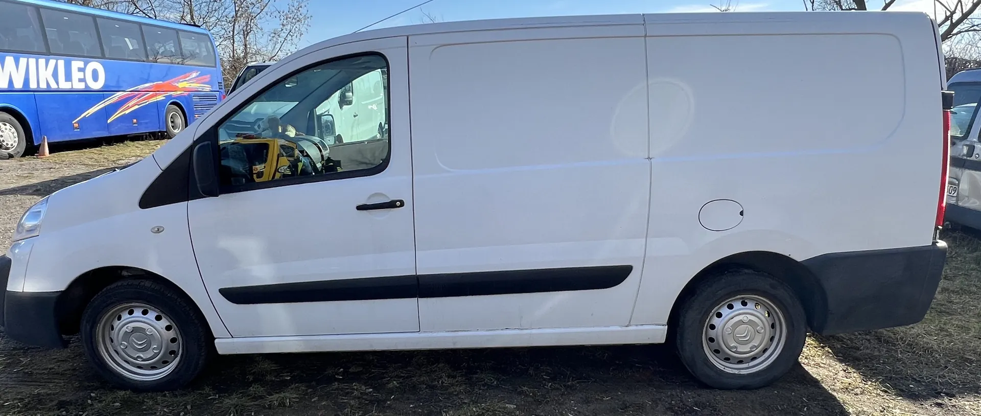 Strona boczna białego furgonu z czarną listwą i czarnymi obwódkami kołami. W tle niebieski autobus z napisem WIKLEO oraz kolorowymi akcentami. Widoczne drzewa bez liści i jasne niebo. Na pierwszym planie trawa i droga.