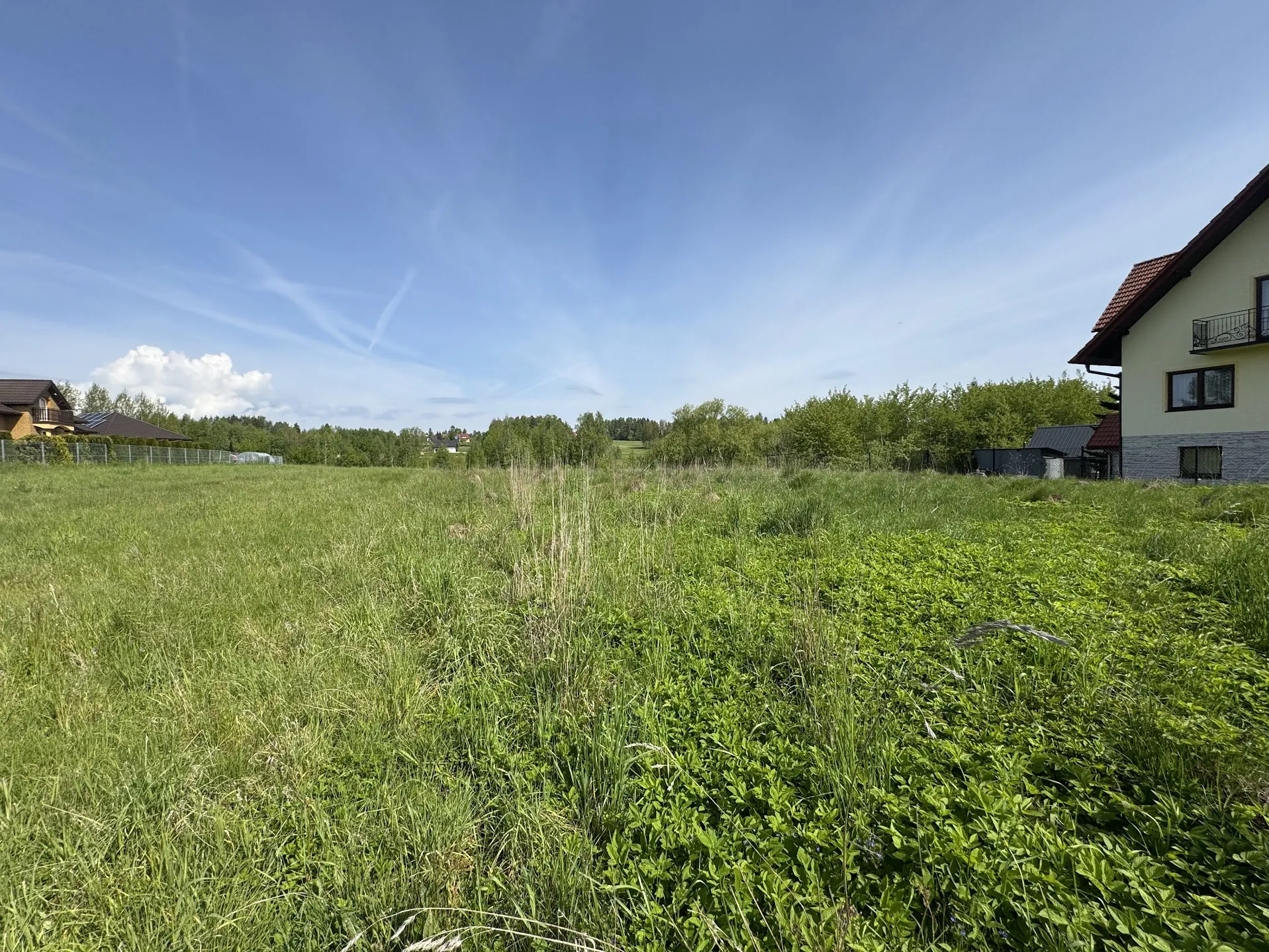 Rozległe zielone pole trawiaste z wysoką trawą i roślinnością. Po prawej stronie widoczny jest żółty dom z czerwoną dachówką, balkonem i oknami. W tle po lewej stronie znajdują się domy z brązowymi dachami, ogrodzenie oraz gęsty las. Niebo jest błękitne z kilkoma białymi chmurami i delikatnymi smugami. Horyzont jest poziomy, a całość ujęta w słoneczny dzień.