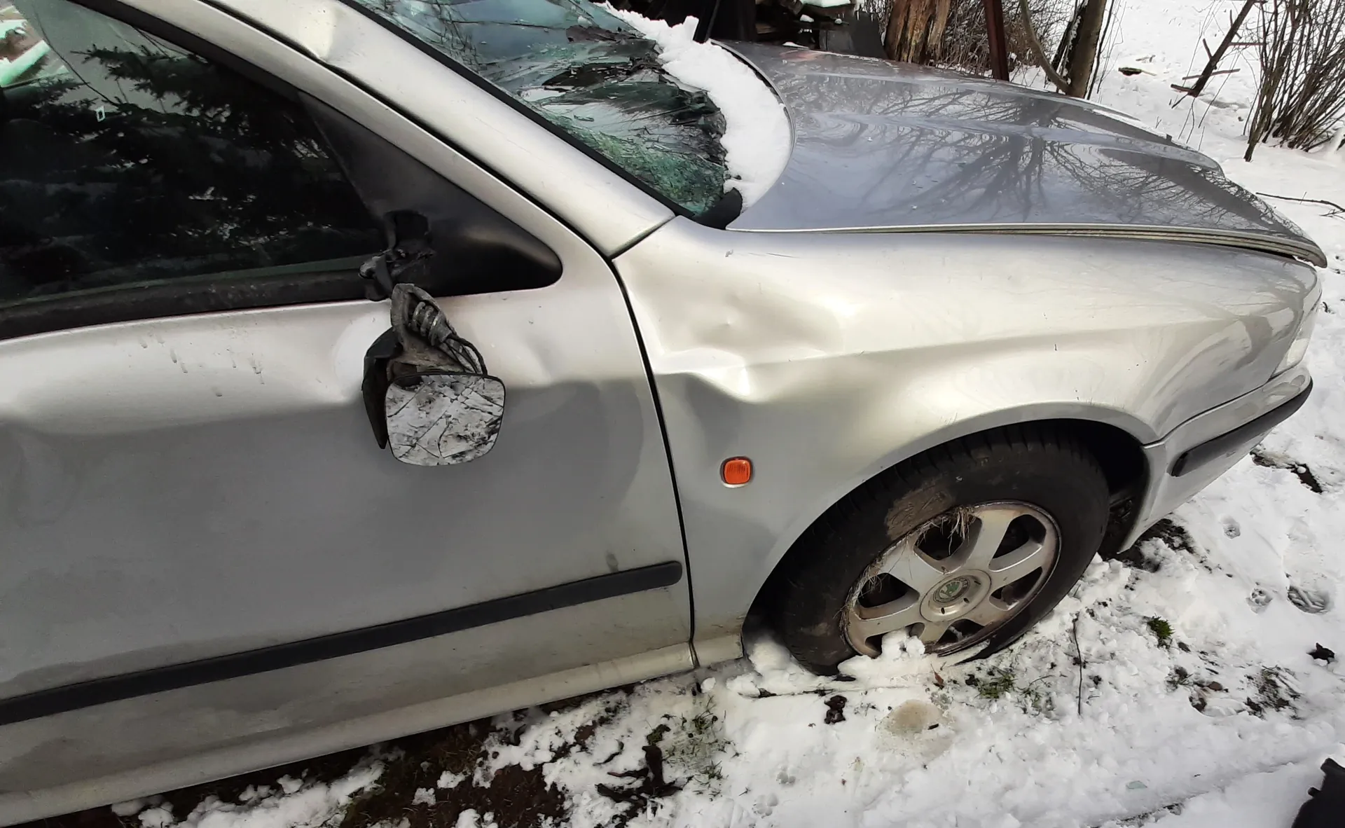Srebrny samochód z widocznymi uszkodzeniami: zgnieciona maska, pęknięte przednie szyby z resztkami śniegu, uszkodzone lusterko boczne. Samochód stoi na śnieżnej powierzchni z widocznymi plamami ziemi i trawy. W tle drzewa bez liści oraz krzewy. Na masce odbijają się sylwetki drzew.
