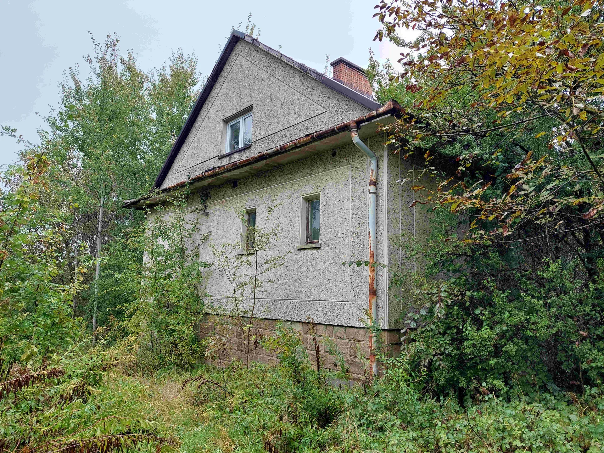Dwupiętrowy dom o szarej, teksturowanej elewacji z kamiennej podstawy. Na dachu gontowym znajduje się ceglany kominek i rdzewiejąca rynna. Widoczne są trzy okna: jedno na piętrze i dwa na parterze. Dom otoczony jest wysoką roślinnością, krzewami i drzewami z zielonymi liśćmi. Niebo jest pochmurne. Elewacja pokryta jest drobnymi plamami, a rura odprowadzająca deszczówkę na ścianie bocznej ma ślady korozji.