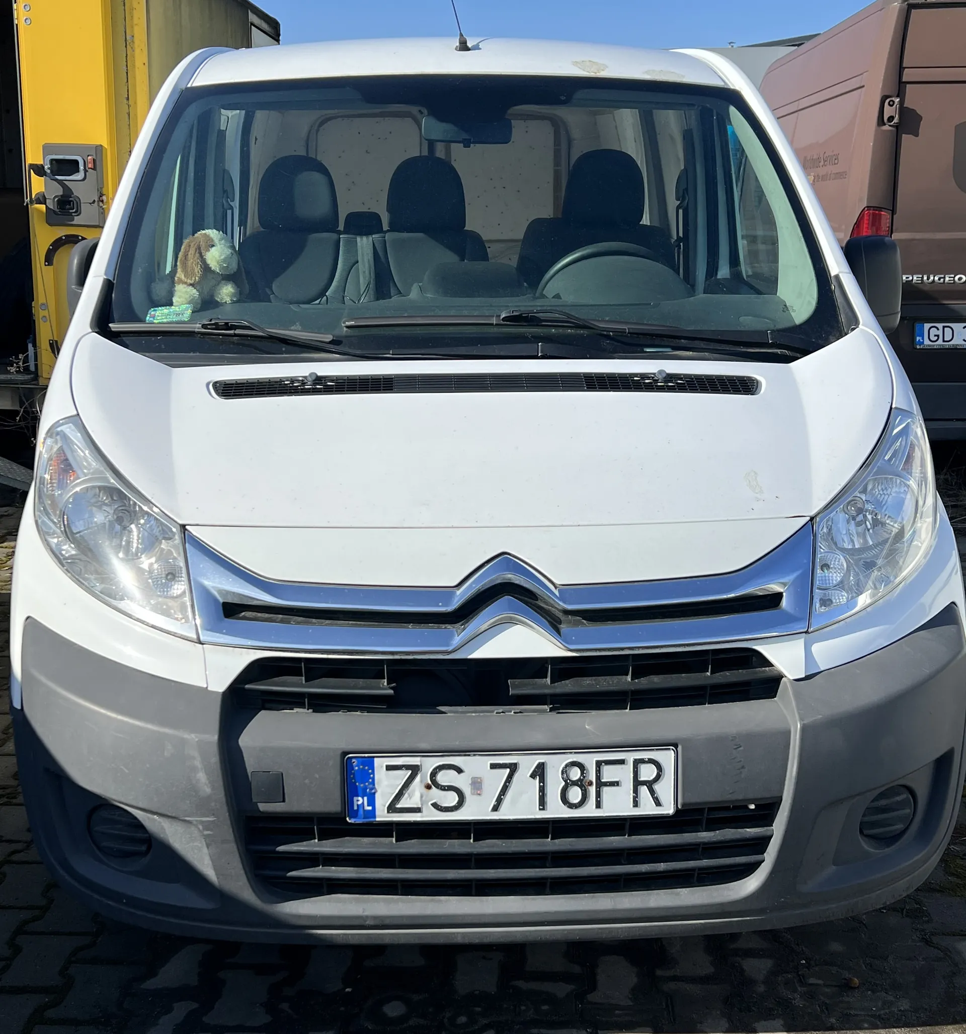Biały samochód dostawczy Citroën z przodu, tablica rejestracyjna ZS 718FR z oznaczeniem PL. Wewnątrz na desce rozdzielczej pluszowy pies. Widoczne trzy siedzenia przednie, tylne siedzenia usunięte. Po lewej stronie żółty pojazd, po prawej brązowy van Peugeot z częściowo widoczną tablicą GD. Jasne niebo na tle.