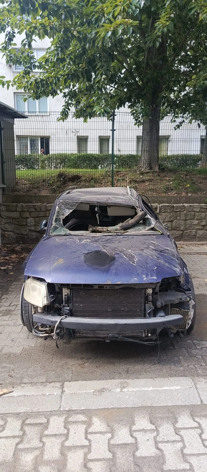 Zdjęcie zniszczonego, ciemnoniebieskiego samochodu osobowego zaparkowanego przy krawężniku. Pojazd ma całkowicie rozbitą przednią szybę, wgniecioną maskę oraz brak przedniego zderzaka i grilla, co odsłania chłodnicę. W tle widoczny jest niski mur z kamienia, zielony żywopłot, metalowy płot oraz biały budynek z oknami, nad którym góruje duże, liściaste drzewo.