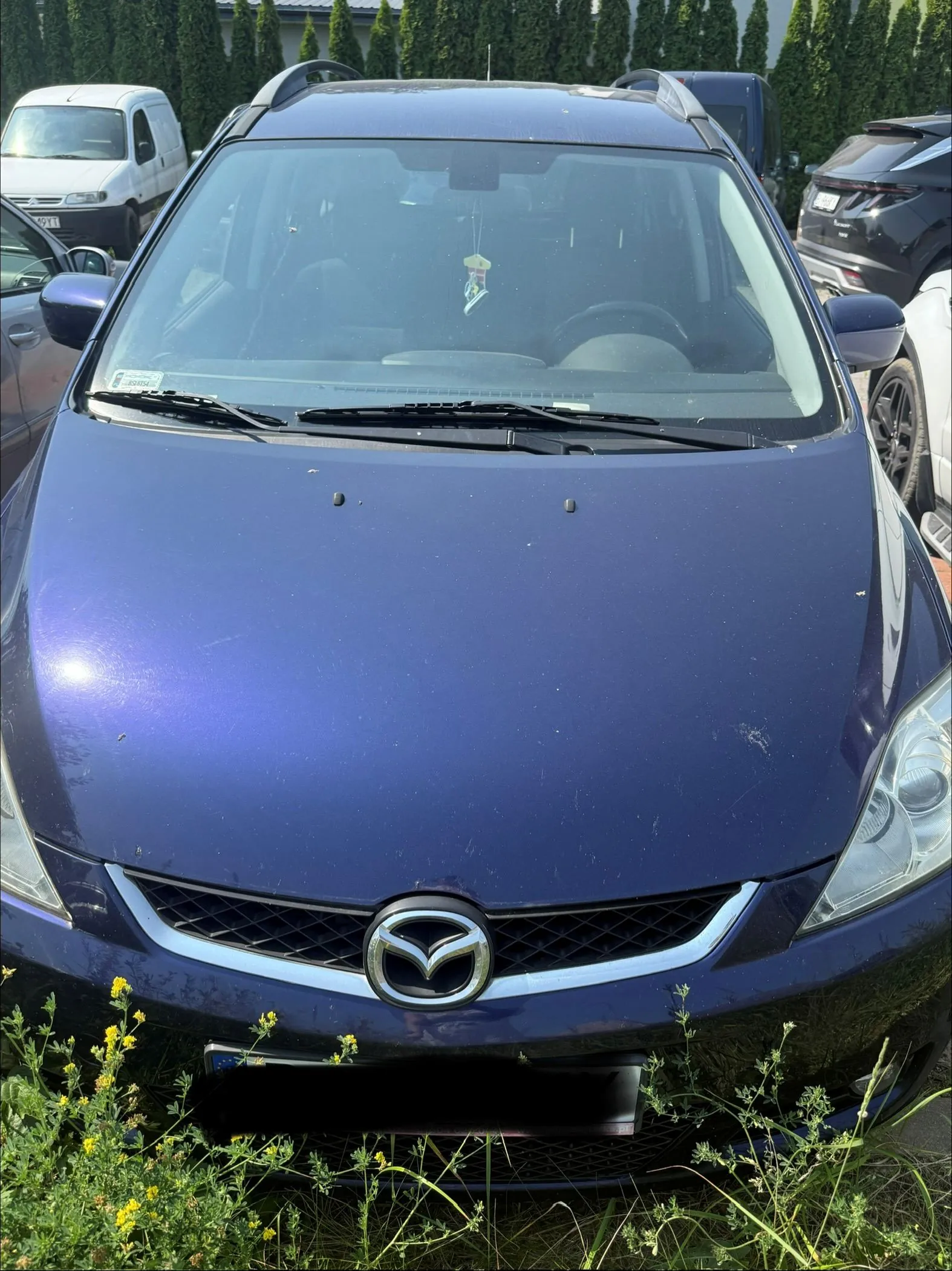 Zdjęcie przodu granatowego samochodu marki Mazda, zaparkowanego na zewnątrz. Widoczna jest maska z logo Mazdy na środku grilla, przednia szyba z wycieraczkami oraz fragmenty innych pojazdów w tle. W tle widać również zielony żywopłot. Tablica rejestracyjna jest zakryta czarnym paskiem.