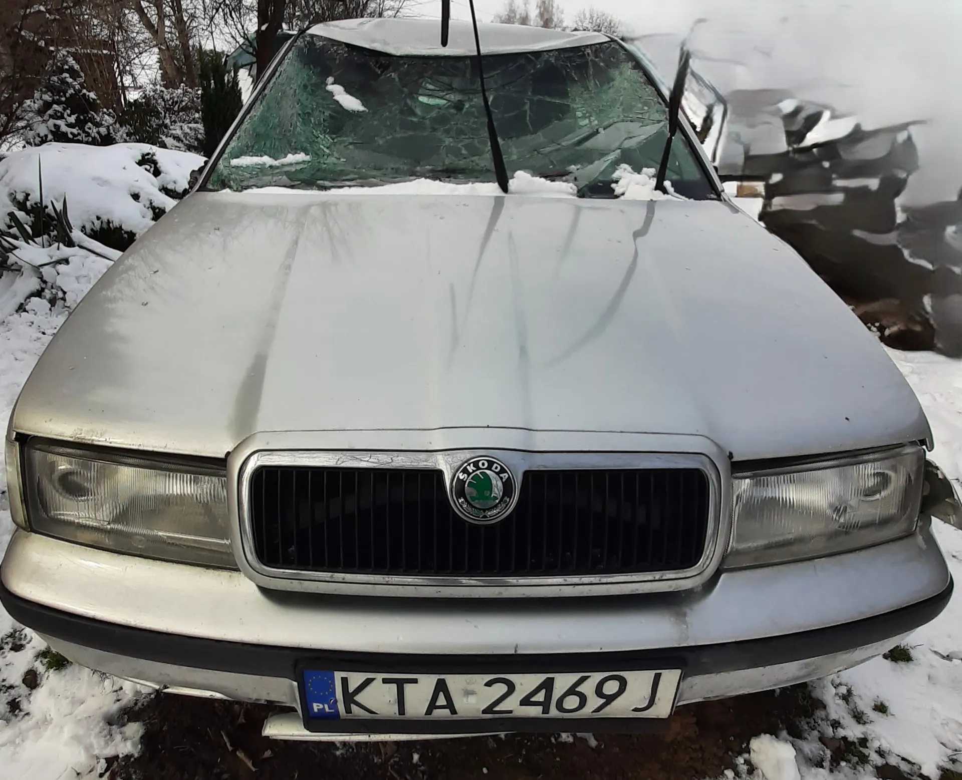 Przedni widok srebrnego samochodu marki Skoda z rozbitym przednim szybą. Na masce widoczny jest emblemat Skoda. Tablica rejestracyjna z białym tłem i czarnym napisem KTA 2469 J, z niebieskim pasem po lewej stronie z napisem PL i symbolem Unii Europejskiej. Samochód stoi na śniegu, w tle widoczne są śniegiem pokryte krzewy i drzewa. Na masce i przedniej szybie leży niewielka ilość śniegu.