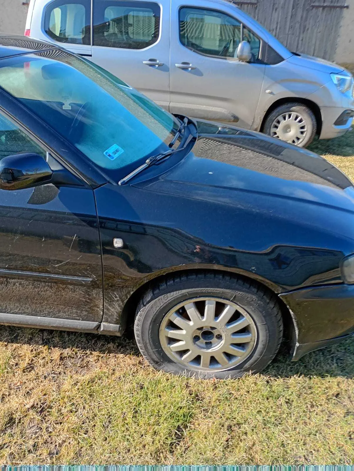 Czarny samochód osobowy z niebieską naklejką na przedniej szybie, zaparkowany na trawie. W tle srebrny samochód dostawczy. Widoczne są koła, lusterka boczne oraz fragment ogrodzenia z drewna.