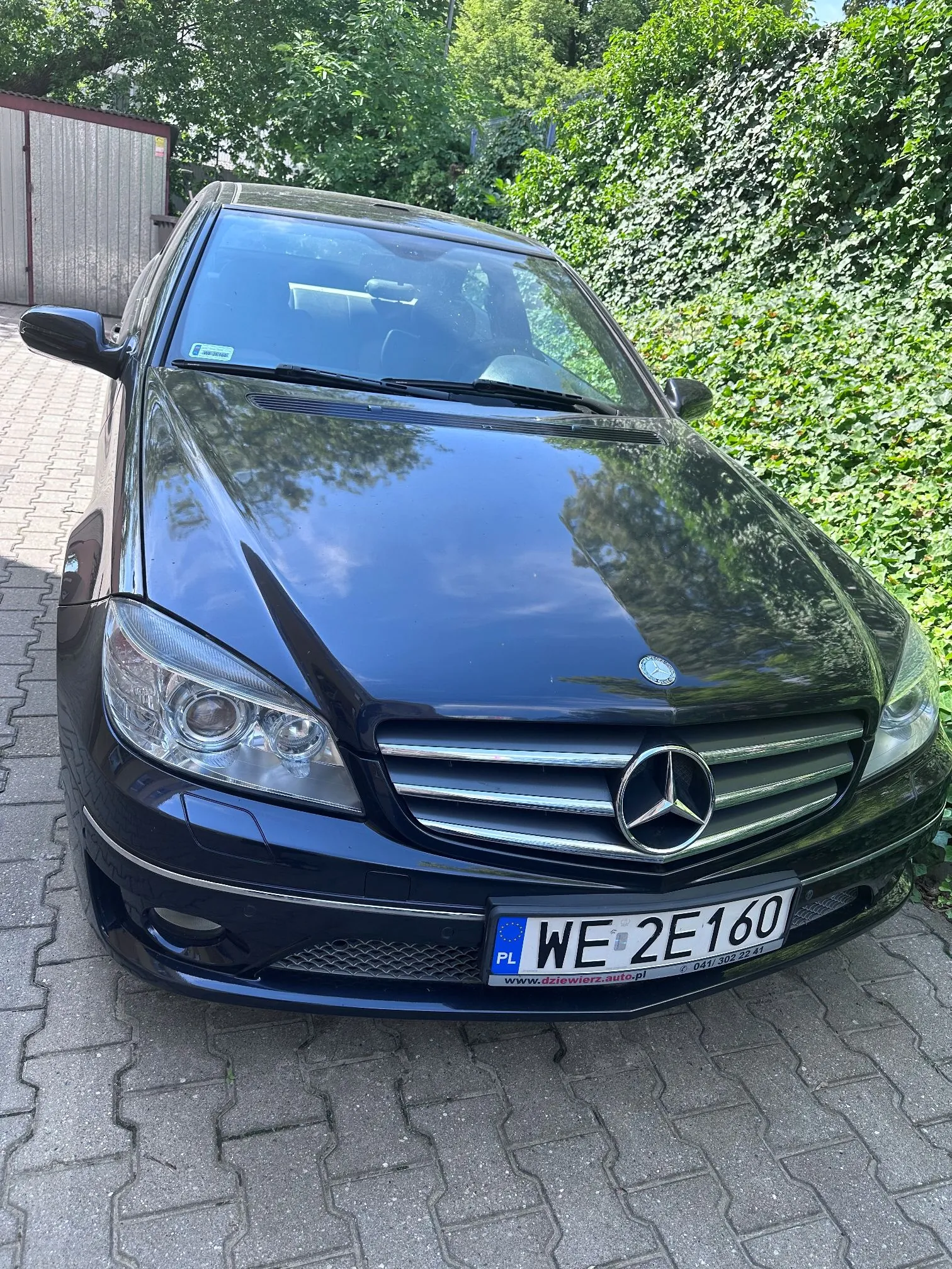 Czarny samochód marki Mercedes-Benz zaparkowany na kostce brukowej. Auto jest widoczne od przodu, z wyraźnym logo marki na grillu. Na przednim zderzaku znajduje się polska tablica rejestracyjna o numerze WE 2E160. W tle widoczna jest gęsta, zielona ściana z roślin i fragment szarego budynku.