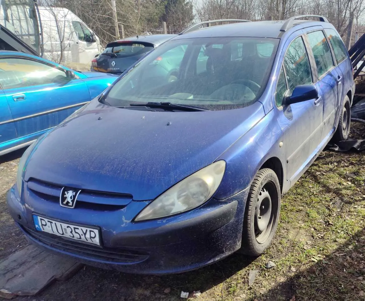 Niebieski samochód osobowy marki Peugeot z widocznym logo na masce i tablicą rejestracyjną PL PTU 35YP. Po lewej stronie częściowo widoczny niebieski samochód, w tle ciemny samochód marki Renault oraz biały furgon. Scena rozgrywa się na trawiastym obszarze z suchymi liśćmi, w tle drzewa bez liści. Samochody stoją na nierównym terenie.
