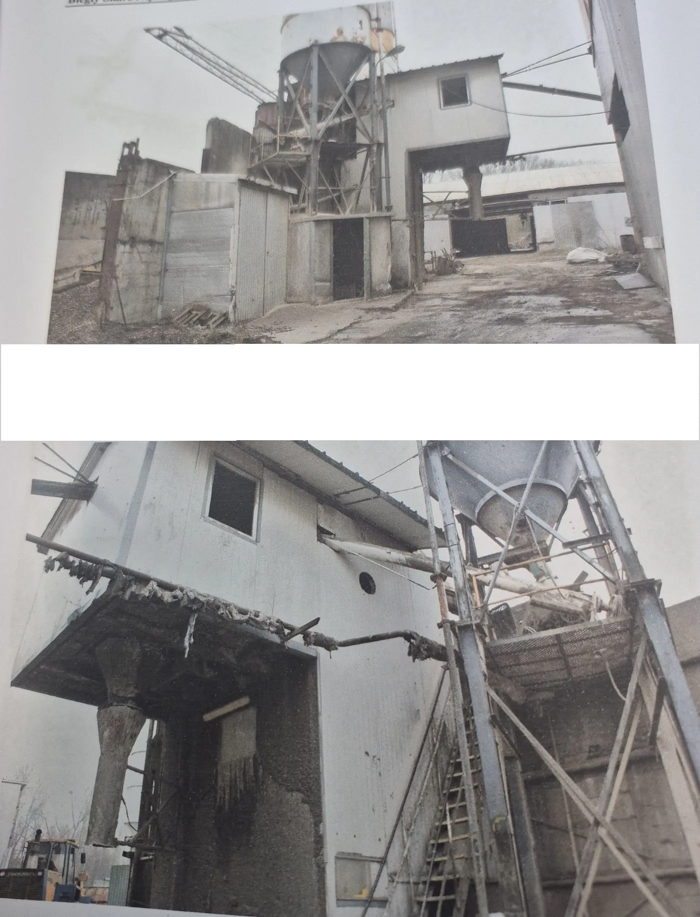 Dwie czarno-białe fotografie przedstawiające przemysłowy zakład produkcyjny lub silosy. Górne zdjęcie pokazuje szeroki widok na kompleks budynków z metalowymi konstrukcjami, lejami do wsypywania materiałów i rurami transportowymi. Dolne zdjęcie to zbliżenie na fragment budynku z widocznym oknem, rynną oraz metalową konstrukcją z lejkiem i drabiną prowadzącą w górę.