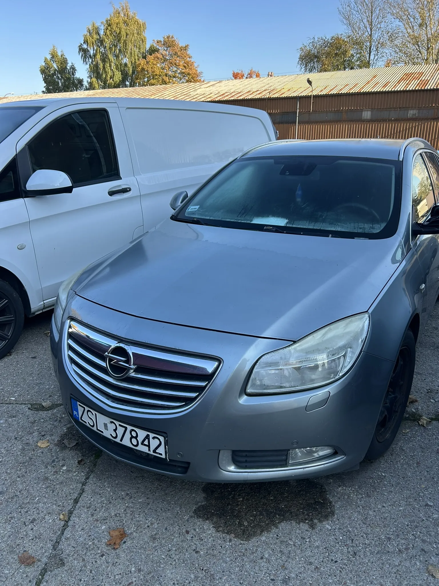 Na zdjęciu widoczny jest szary samochód marki Opel z tablicą rejestracyjną ZSL 37842 oraz biały furgon zaparkowane na asfaltowym placu. W tle znajduje się budynek z rdzewiejącą blachą dachową, drzewa z żółtymi liśćmi oraz jasne niebo. Na przednim szybie Opela widoczne są ślady brudu, a na ziemi leżą rozrzucone liście.
