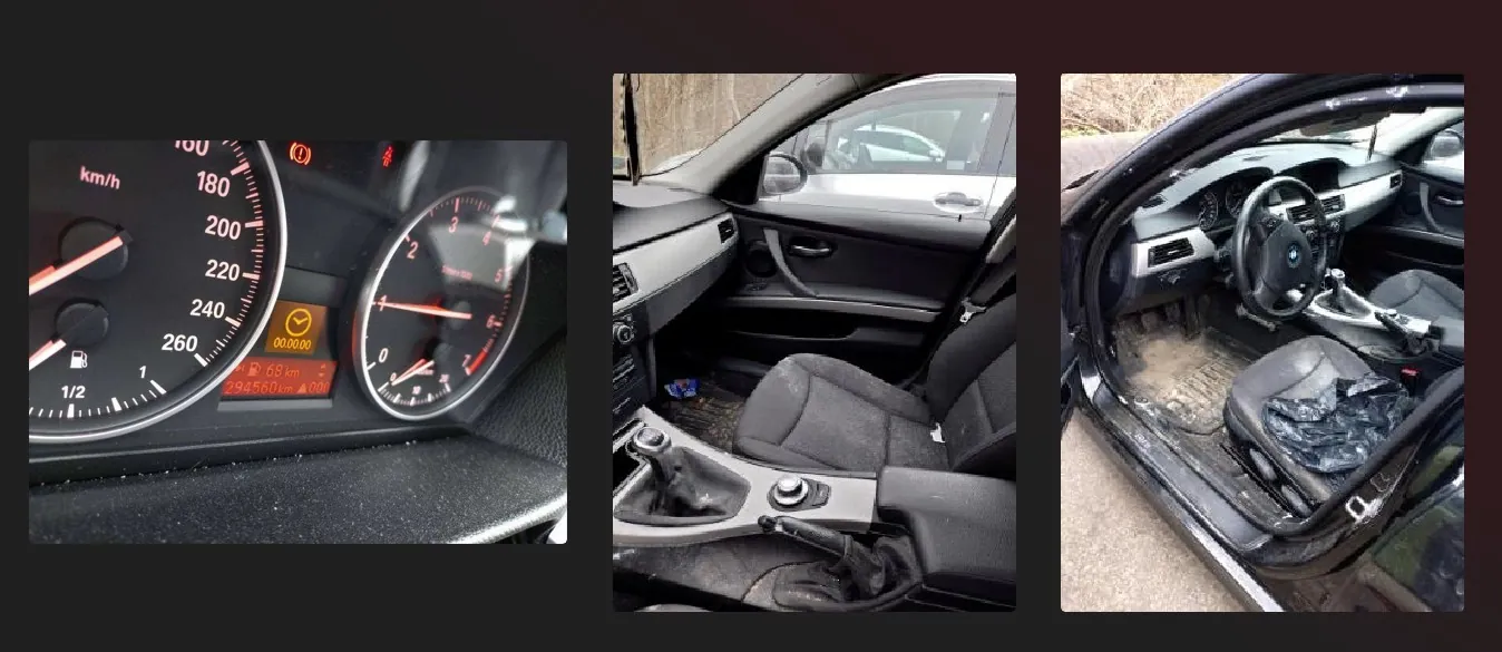 Trzy zdjęcia wnętrza samochodu. Po lewej: zegary samochodowe z prędkościomierzem do 260 km/h, obrotomierzem, wskaźnikiem paliwa (1/2), licznikiem przebiegu 294560 km i wyświetlaczem z napisem 00.00.00 oraz 68 km. W środku: widok wnętrza od strony kierowcy z otwartą drzwiami, siedzeniami, dźwignią biegów i niebieskim przedmiotem na podłodze. Po prawej: widok wnętrza z otwartą drzwiami, brudną podłogą, czarną torbą na siedzeniu i kierownicą z logo BMW.