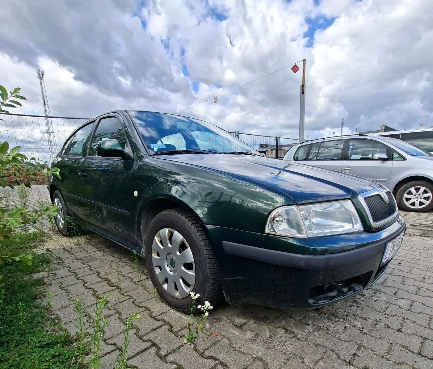 Ciemnozielony samochód osobowy marki Skoda Octavia zaparkowany na kostce brukowej. Pojazd jest ukazany z przodu pod kątem, z widocznym lewym bokiem. W tle widać srebrny samochód, ogrodzenie z siatki oraz niebo z białymi i szarymi chmurami.