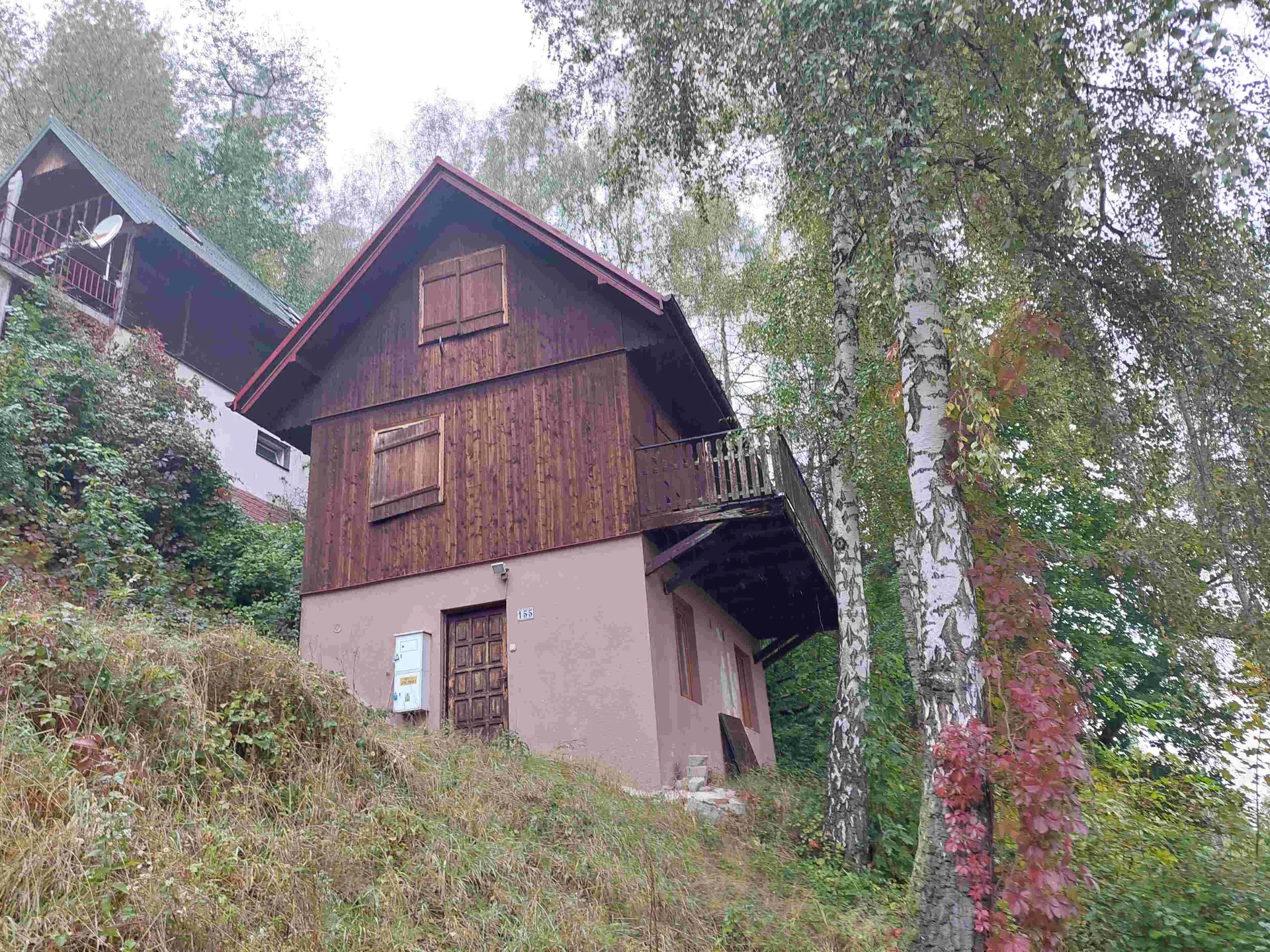 Dwupiętrowy dom z drewnianą górą i różową ścianą na dole, z czerwonym dachem i balkonem na pierwszym piętrze. Przy drzwiach znajduje się tabliczka z numerem 155 oraz biały pojemnik elektryczny. Dom położony na trawiastym stoku, otoczony drzewami, w tym brzozami z białą kory. W tle widoczny inny dom z zielonym dachem i anteną satelitarną. Niebo jest pochmurne.