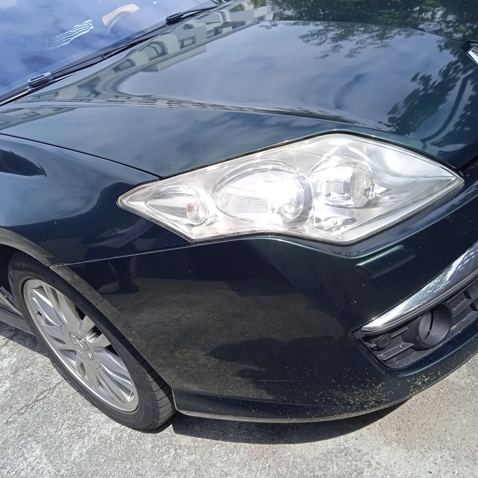 Zbliżenie na przedni prawy róg ciemnozielonego samochodu. Widoczny jest reflektor przedni, fragment maski z odbiciem budynków i drzew oraz przednie koło z felgą aluminiową. Samochód stoi na betonowym podłożu.