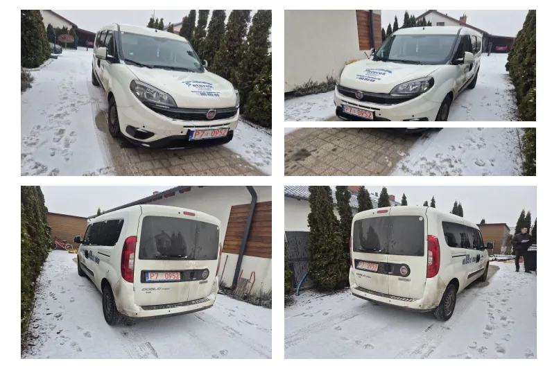 Kolaż czterech zdjęć białego furgonu Fiat na śnieżnym podjeździe. Góra lewo: widok z przodu z tablicą rejestracyjną P7 0952. Góra prawo: widok z przodu z boku, tablica P7 0952. Dół lewo: widok z tyłu z tablicą P7 0952. Dół prawo: widok z tyłu z boku, obok furgonu stoi osoba. Wszystkie zdjęcia przedstawiają pojazd na tle domów i zalesionych obszarów, śnieg pokrywa podjazd i teren wokół.