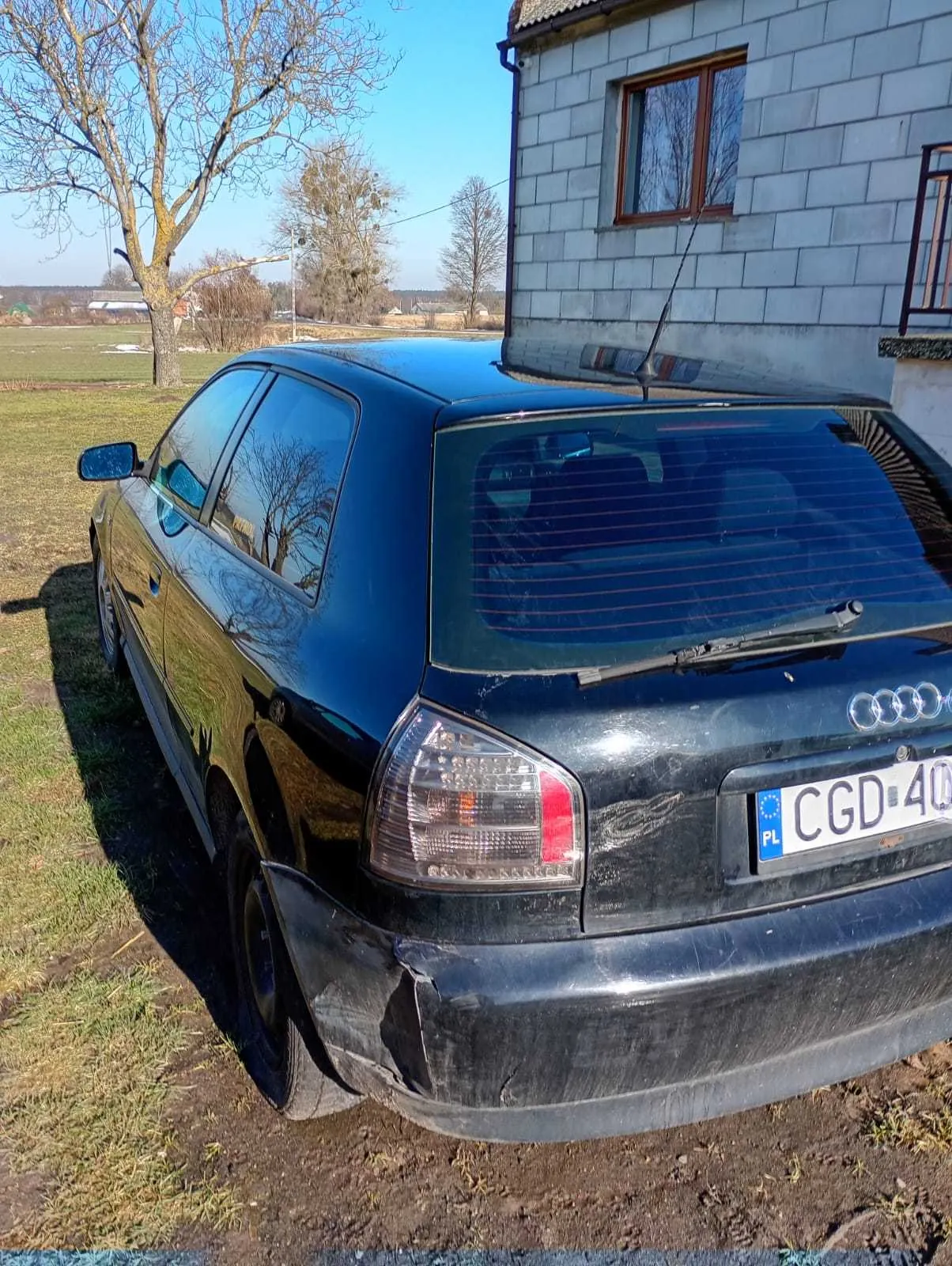 Czarny samochód marki Audi z tyłu, z widocznym uszkodzonym zderzakiem. Tablica rejestracyjna z napisem PL CGD 40. Samochód zaparkowany na trawie obok budynku z szarych cegieł z oknem o brązowych ramach. W tle drzewa bez liści, pole i jasne niebo. Widoczne są reflektory tylne, wycieraczka oraz logo Audi na bagażniku.