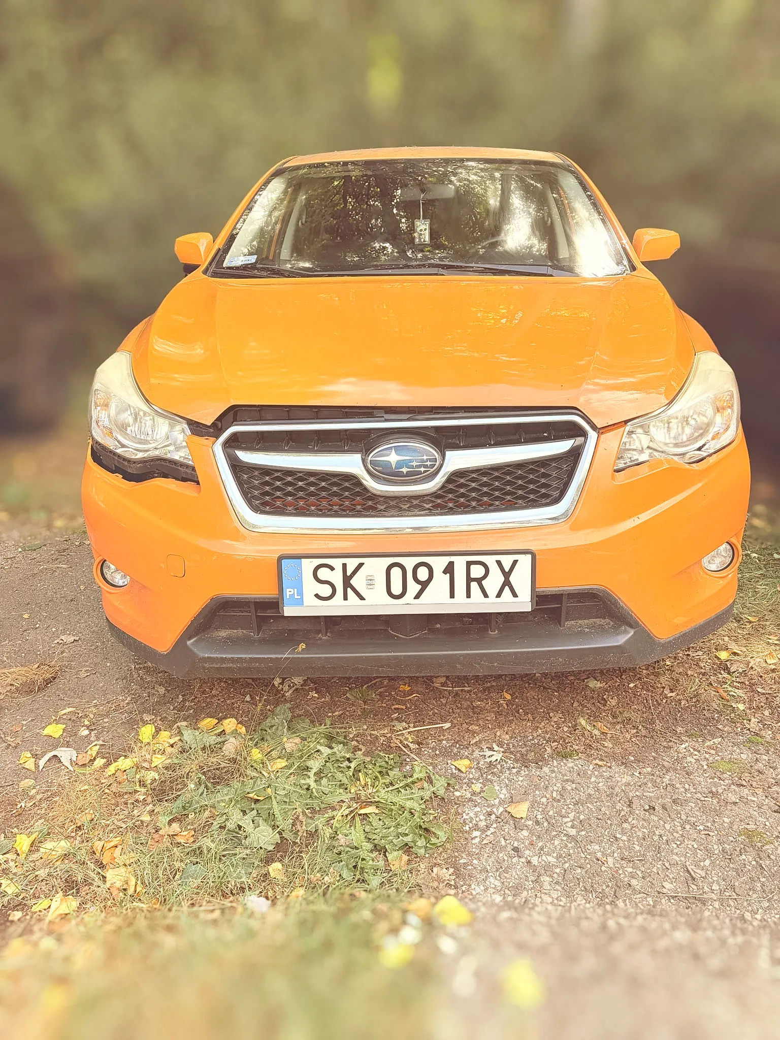 Pomarańczowy samochód marki Subaru widziany od przodu, zaparkowany na piaszczystej drodze z liśćmi. Pojazd posiada polską tablicę rejestracyjną o numerze SK 091RX.