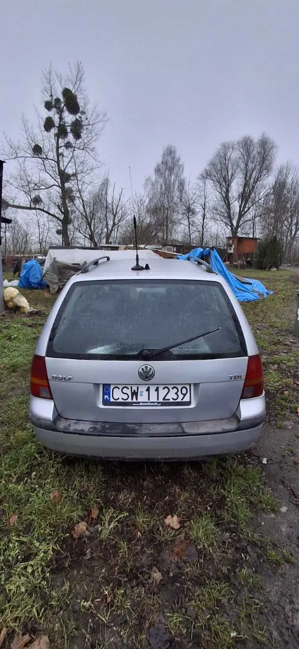 Z tyłu widoczny srebrny samochód Volkswagen Golf TDI z tablicą rejestracyjną CSW 11239. Samochód stoi na trawie z suchymi liśćmi, w tle drzewa bez liści, niebieskie i szare płachty oraz budynki. Niebo jest zachmurzone. Na tablicy rejestracyjnej widoczny napis "PL" oraz strona internetowa "domihost.pl".