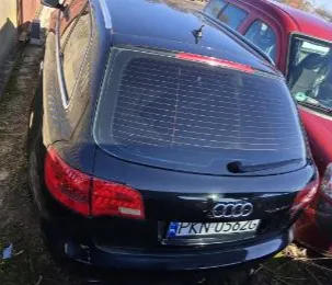 Czarny samochód marki Audi z tyłu, z widoczną tablicą rejestracyjną PKN U502G. Na tylnej szybie siatkowy wzór. Po prawej stronie czerwony samochód, na lewo fragment innego pojazdu. Tło z trawą i częścią budynku.