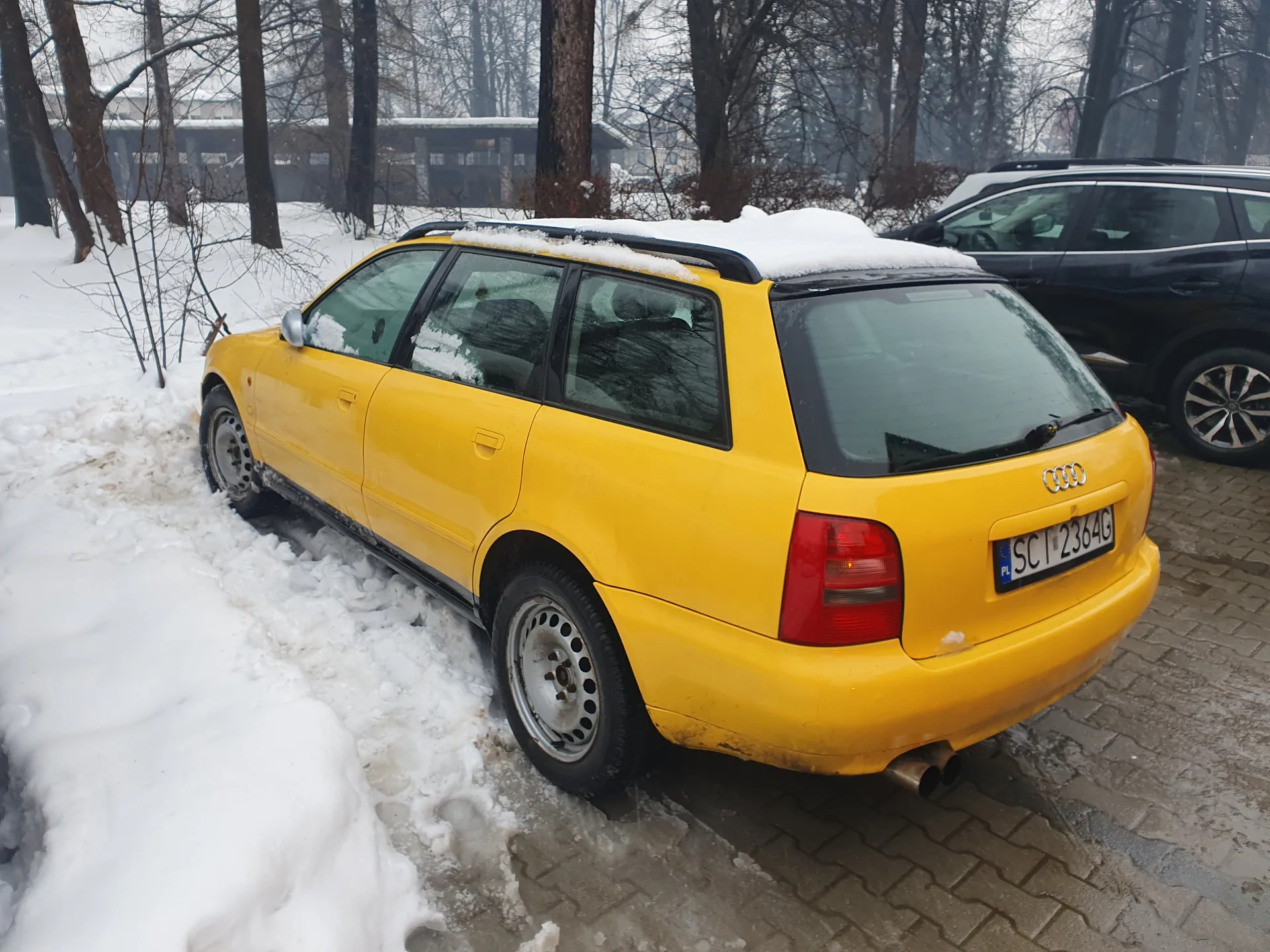 Zdjęcie przedstawia żółty samochód Audi typu kombi zaparkowany na śnieżnej powierzchni. Na dachu pojazdu oraz wokół niego leży śnieg. Widoczna jest tablica rejestracyjna z napisem SC 12364G oraz oznaczeniem PL. Po prawej stronie znajduje się czarny SUV. Tło stanowią drzewa bez liści i budynek z pokrytą śniegiem dachówką. Podłoga składa się z brukowanych płyt, częściowo pokrytych śniegiem i lodem.