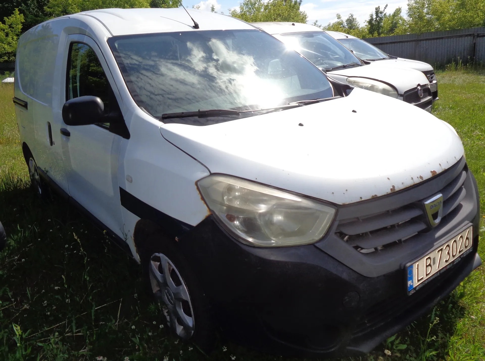 Biały samochód dostawczy marki Dacia zaparkowany na trawie. Pojazd posiada czarny zderzak przedni oraz czarne elementy nadkoli. Na masce i krawędziach nadwozia widoczne są ślady rdzy. Tablica rejestracyjna ma numer LB 73026. W tle widoczny jest inny biały samochód oraz drewniany płot i drzewa.