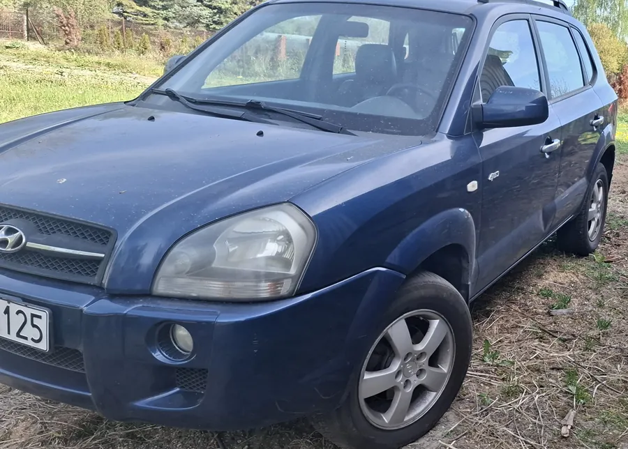 Niebieski samochód osobowy marki Hyundai typu SUV zaparkowany na trawiastym terenie z suchą trawą. Widoczna tablica rejestracyjna z białym tłem i czarną cyfrą 125. Samochód ma srebrne felgi, przednie reflektory i logo marki na masce. W tle zielona trawa, ogrodzenie i drzewa. Wnętrze pojazdu częściowo widoczne przez przednią szybę.