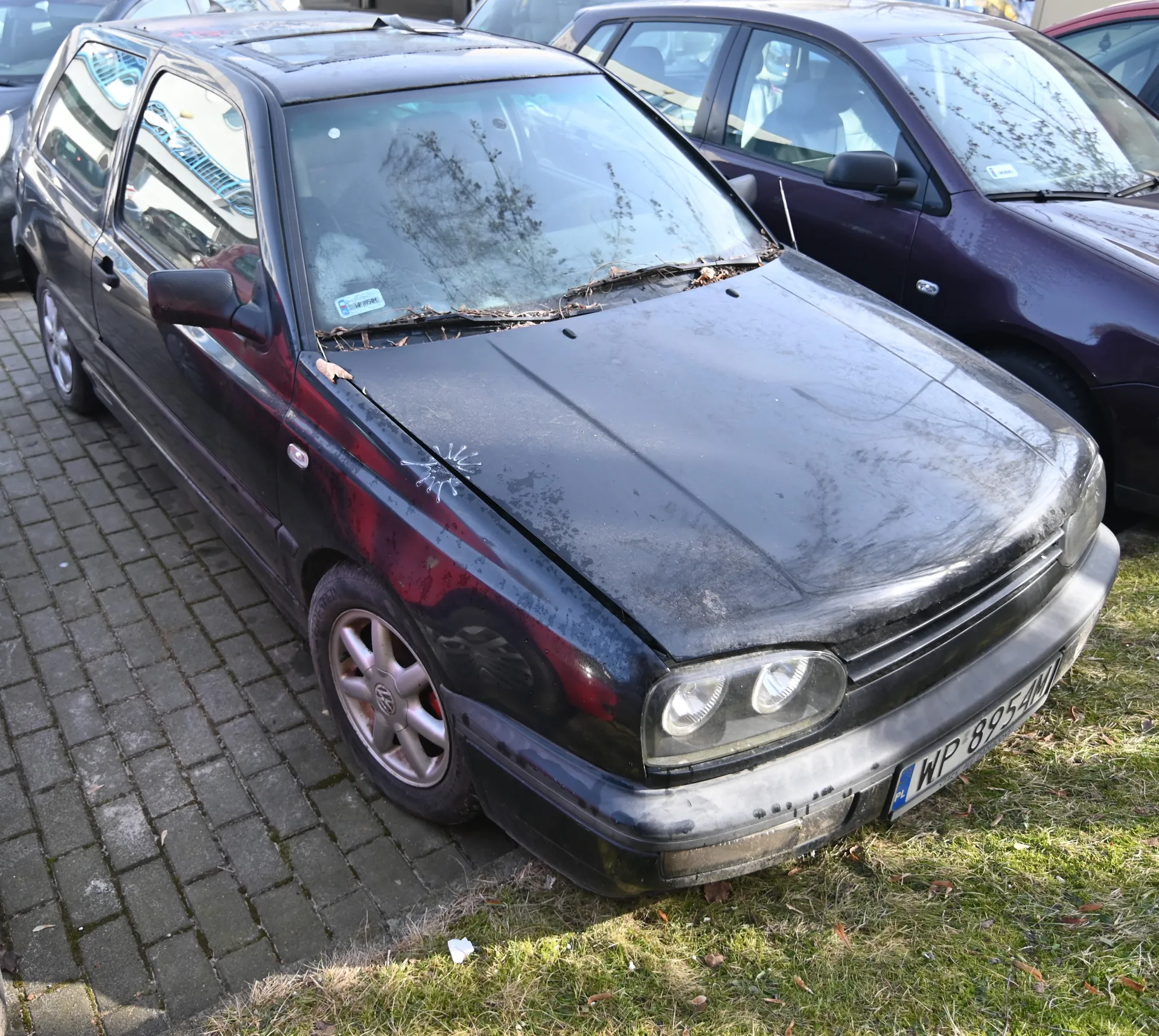 Czarny samochód osobowy zaparkowany na brukowanej powierzchni obok trawnika. Na masce widoczne są liście i zabrudzenia. Tablica rejestracyjna z numerem WP 8954M. W tle inne pojazdy, w tym ciemnofioletowy samochód. Na przedniej szybie naklejka. Opony i felgi w stanie zużytym.
