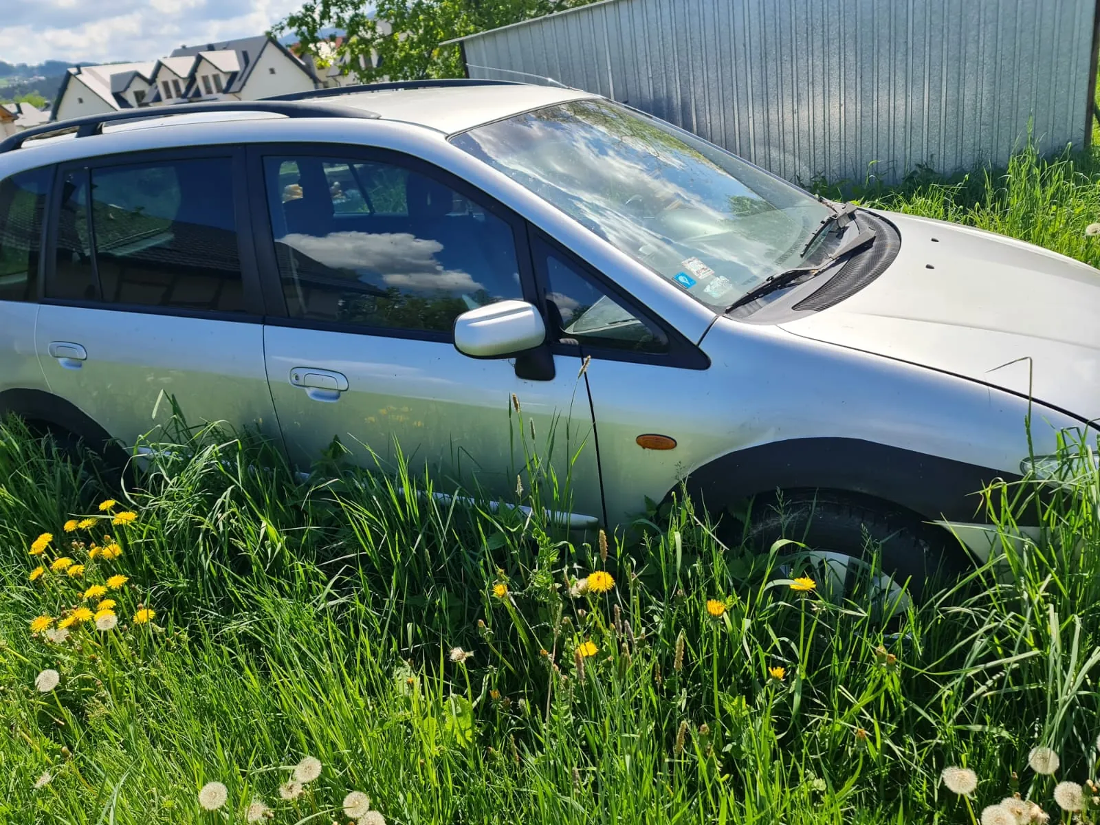 Srebrny samochód typu kombi zaparkowany na wysokiej zielonej trawie z żółtymi kwiatami mniszka lekarskiego i białymi główkami. W tle metalowy płot, domy z dachami, drzewa oraz częściowo zachmurzone niebo. Samochód ma czarne akcenty na zderzakach i dachu, a na przedniej szybie widoczne są małe naklejki.