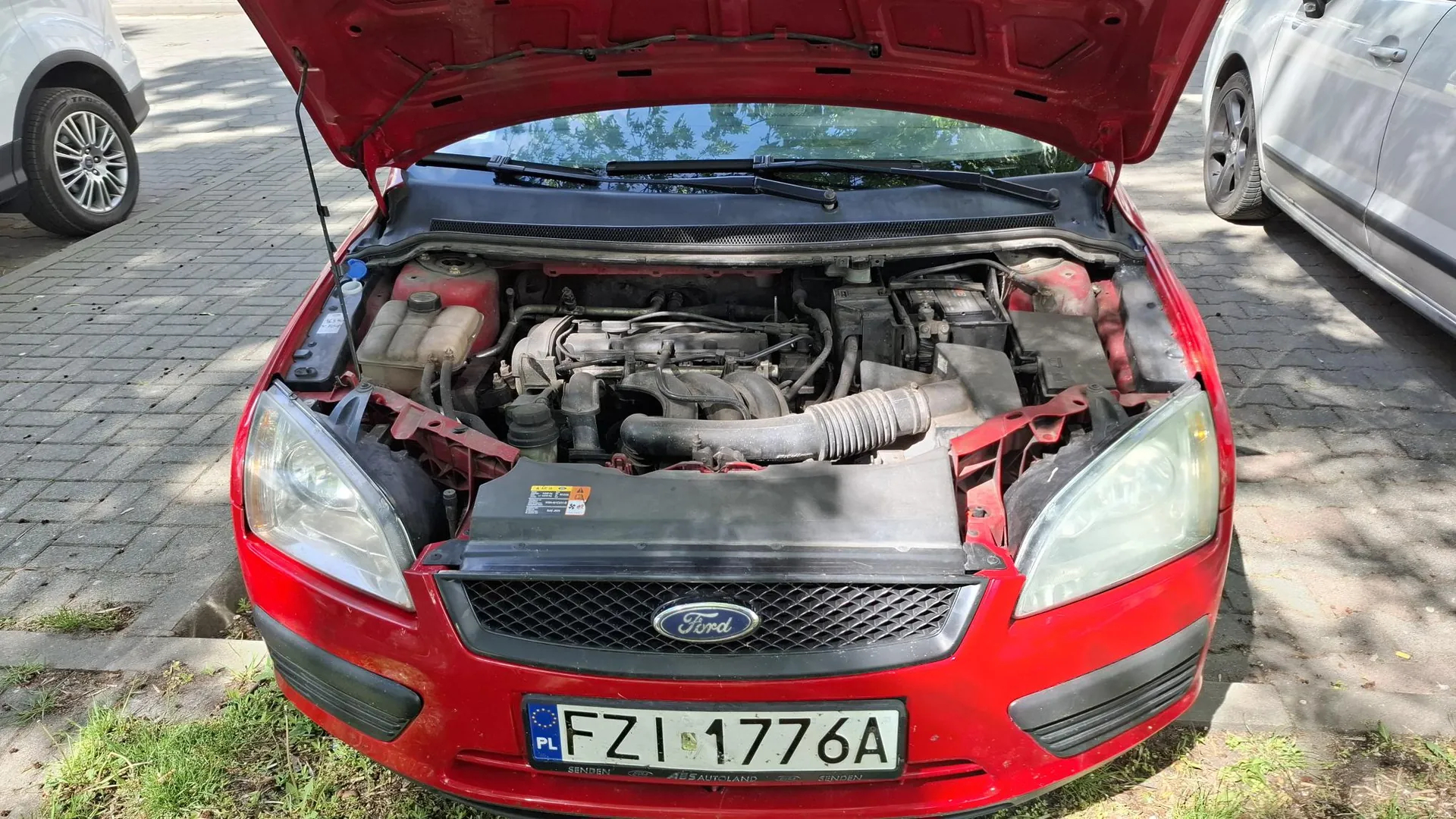 Widok z przodu na czerwony samochód marki Ford z otwartą maską, odsłaniającą silnik i podzespoły mechaniczne. Samochód posiada polską tablicę rejestracyjną o numerze FZI 1776A. Pojazd stoi na kostce brukowej w otoczeniu innych samochodów i cieni rzucanych przez drzewa.