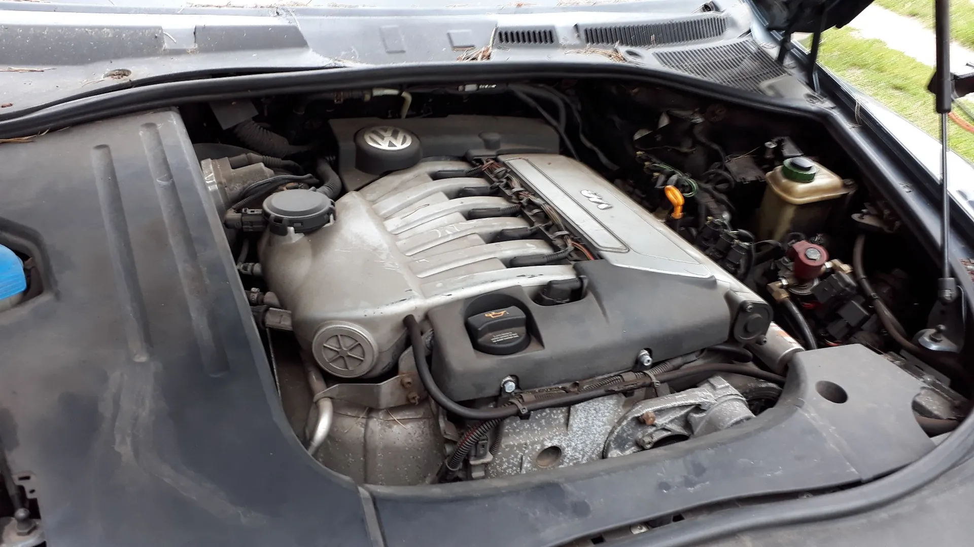Widok z góry na komorę silnika samochodu marki Volkswagen. Widoczny jest srebrny silnik z czarną plastikową osłoną, na której znajduje się logo VW oraz oznaczenie V6. Po prawej stronie widoczne są zbiorniki z płynami eksploatacyjnymi i elementy instalacji elektrycznej.