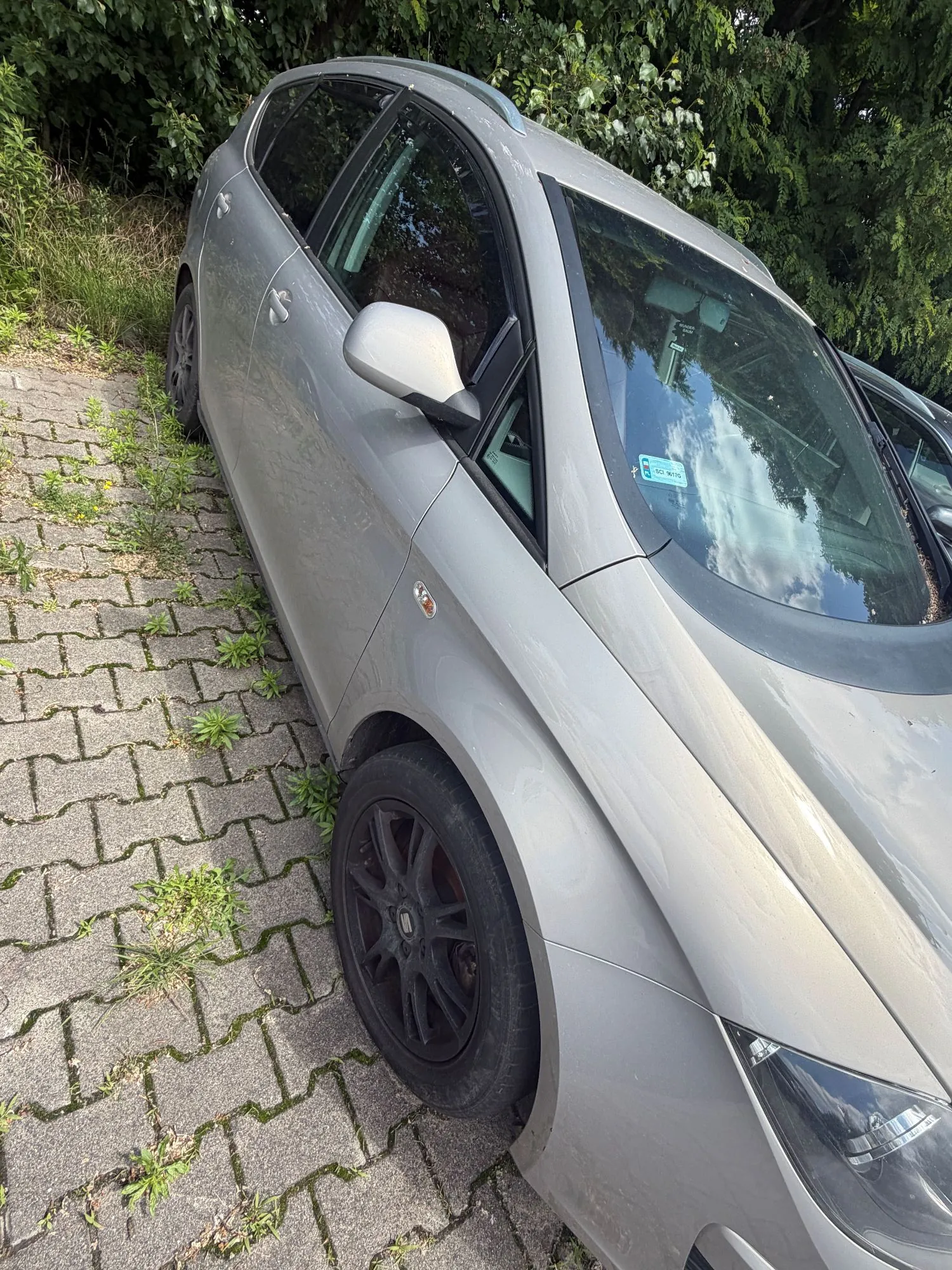 Srebrny samochód osobowy zaparkowany na kostce brukowej z trawą wyrastającą w szczelinach. Zdjęcie przedstawia prawy bok pojazdu od przodu, widoczna jest przednia lampa, przednie koło z czarną felgą oraz lusterko boczne. W tle znajdują się zielone krzewy i drzewa.