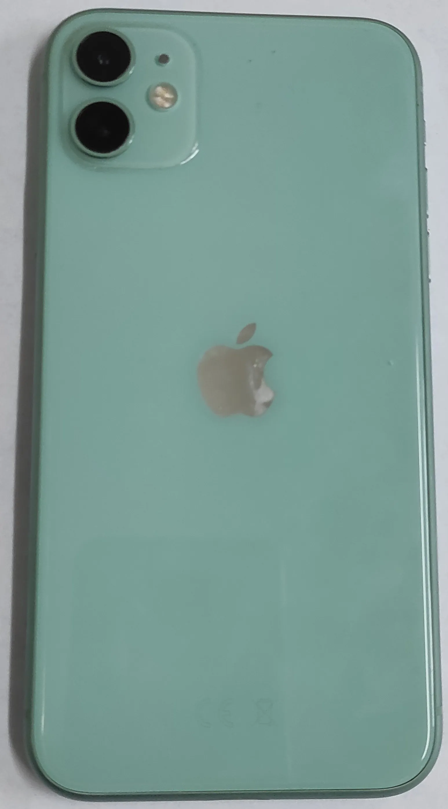 Tylna obudowa smartfona marki Apple w kolorze miętowym. W lewym górnym rogu znajduje się moduł z dwoma obiektywami aparatu oraz lampą błyskową. Na środku obudowy widoczne jest srebrne logo nadgryzionego jabłka.
