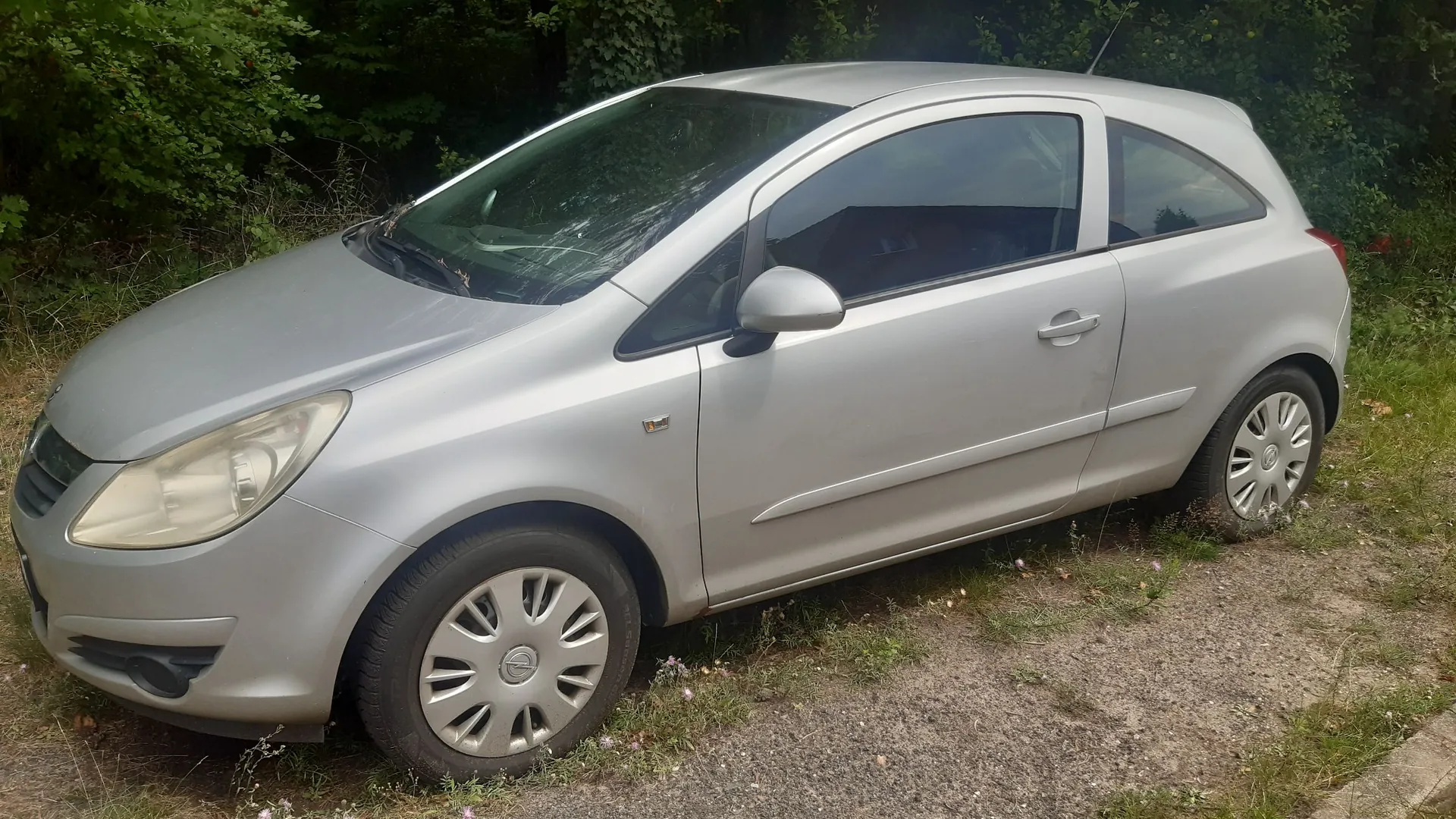 Srebrny, trzydrzwiowy samochód osobowy marki Nissan zaparkowany na nieutwardzonym podłożu na tle zielonych drzew i krzewów. Pojazd jest pokazany z profilu od strony kierowcy.