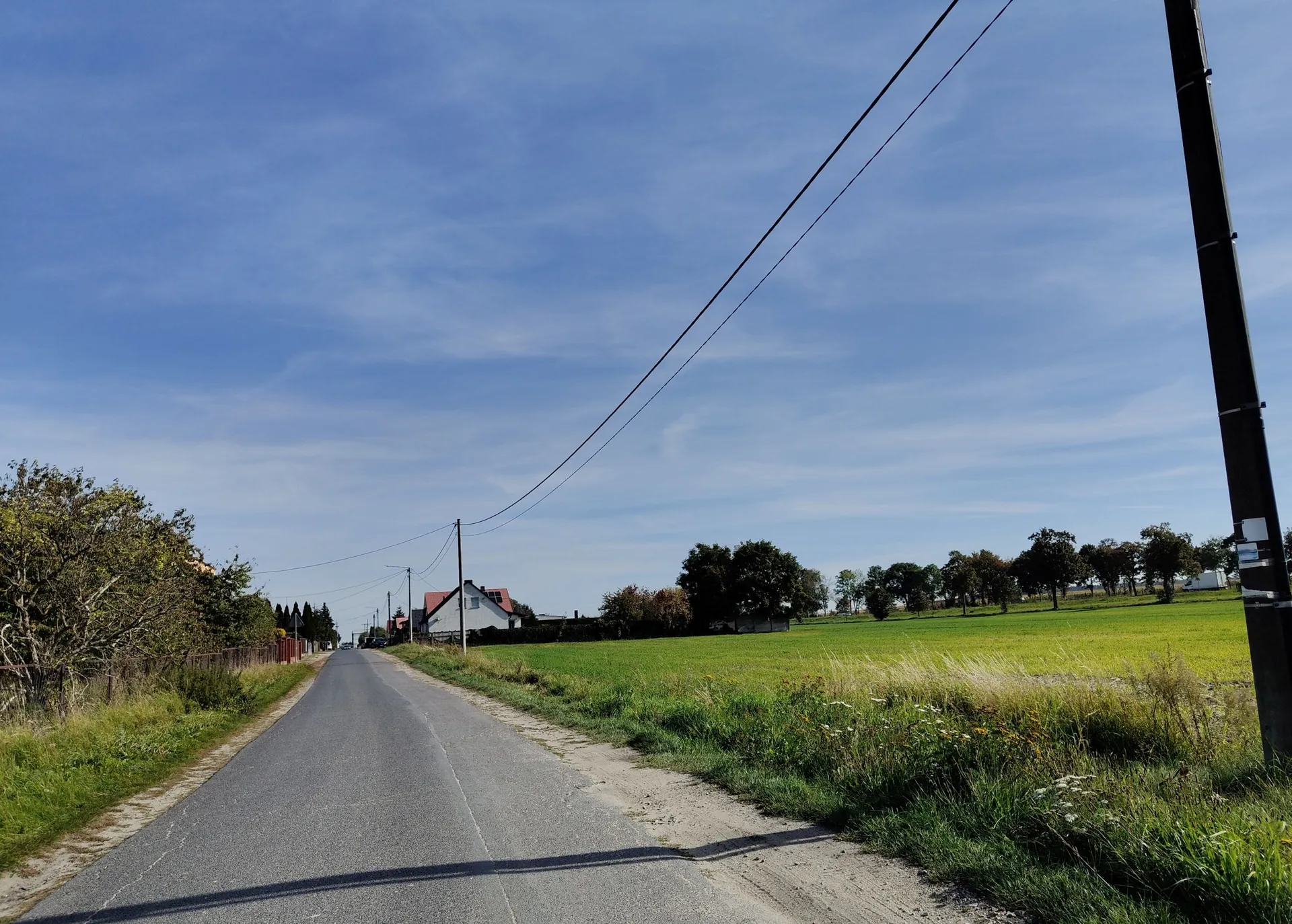 Widok na asfaltową drogę prowadzącą w głąb krajobrazu wiejskiego. Po prawej stronie znajduje się zielone pole i słup energetyczny z liniami napowietrznymi przecinającymi niebo. Po lewej stronie drogi rosną drzewa i krzewy. W oddali widoczny jest biały dom z czerwonym dachem pod bezchmurnym, niebieskim niebem.
