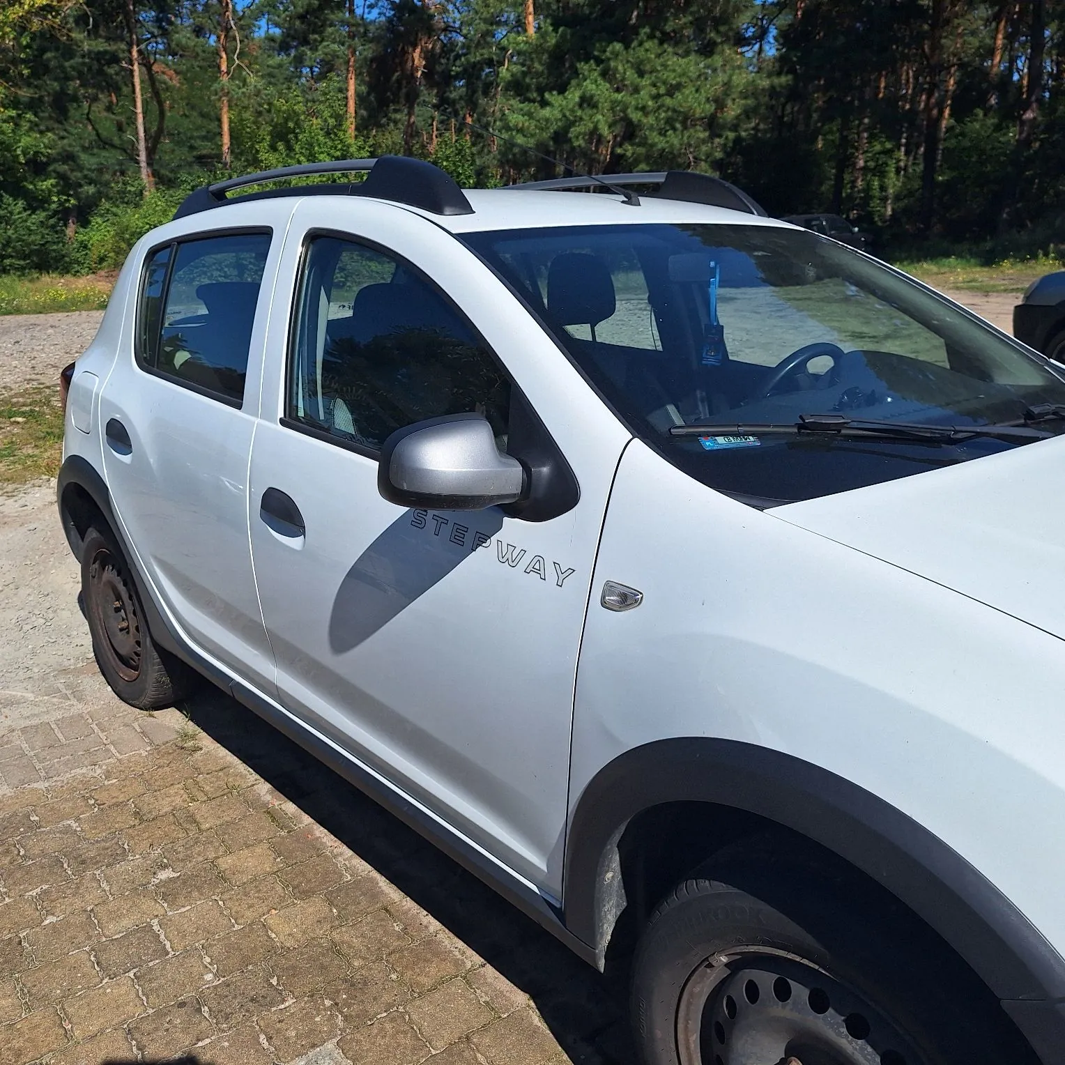 Biały samochód marki Dacia Stepway zaparkowany na kostce brukowej na tle lasu. Na przednich drzwiach widoczny jest napis 'STEPWAY'. Pojazd posiada czarne relingi dachowe oraz czarne plastikowe osłony nadkoli.
