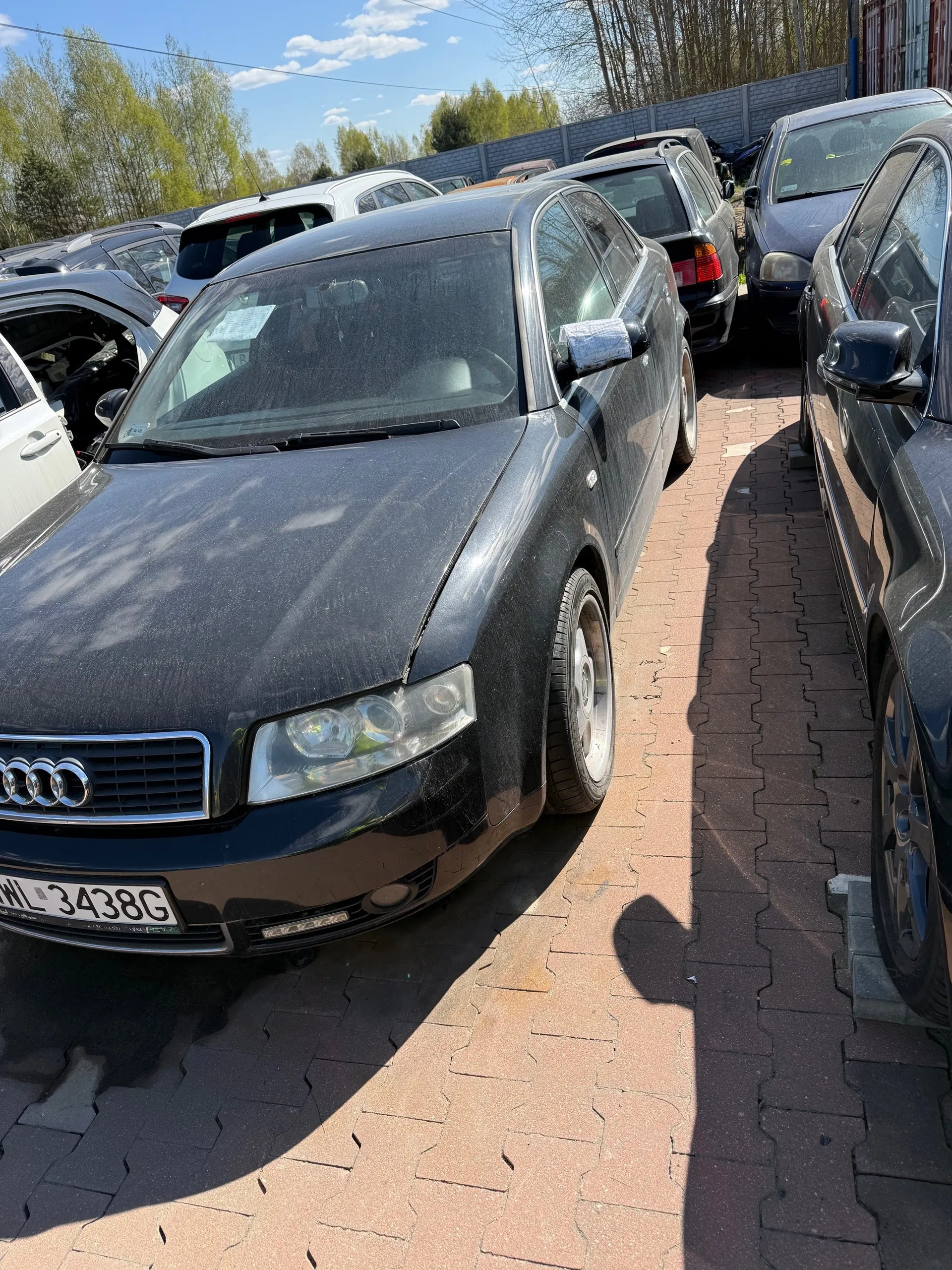 Czarny samochód marki Audi z tablicą rejestracyjną WL 3438G zaparkowany na placu z czerwono-czarnymi płytami brukowymi. Wokół znajdują się inne pojazdy, w tym z otwartymi drzwiami. Na tle widoczne są drzewa, szary płot i niebo z białymi chmurami. Słoneczny dzień, cienie rzucane na powierzchnię parkingu.