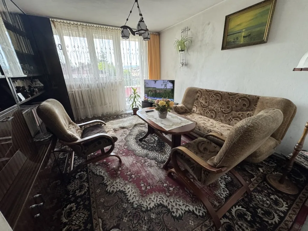 Salon z dywanem w kolorowych wzorach, dwoma fotelami, sofą w kwiatowy wzór, stolikiem kawowym z wazonem kwiatów i pilotem. Telewizor włączony, okna z koronkowymi zasłonami, ciemna szafka, obraz na ścianie, wisząca roślina i lampa podłogowa.