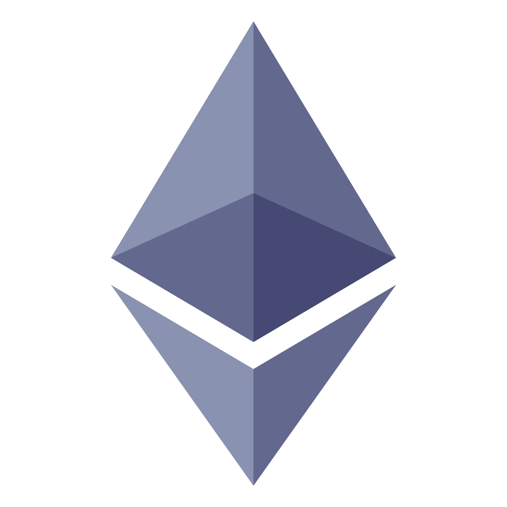 Logo kryptowaluty Ethereum przedstawiające geometryczną, trójwymiarową figurę w kształcie rombu w odcieniach fioletu i szarości, przedzieloną poziomą białą przerwą.