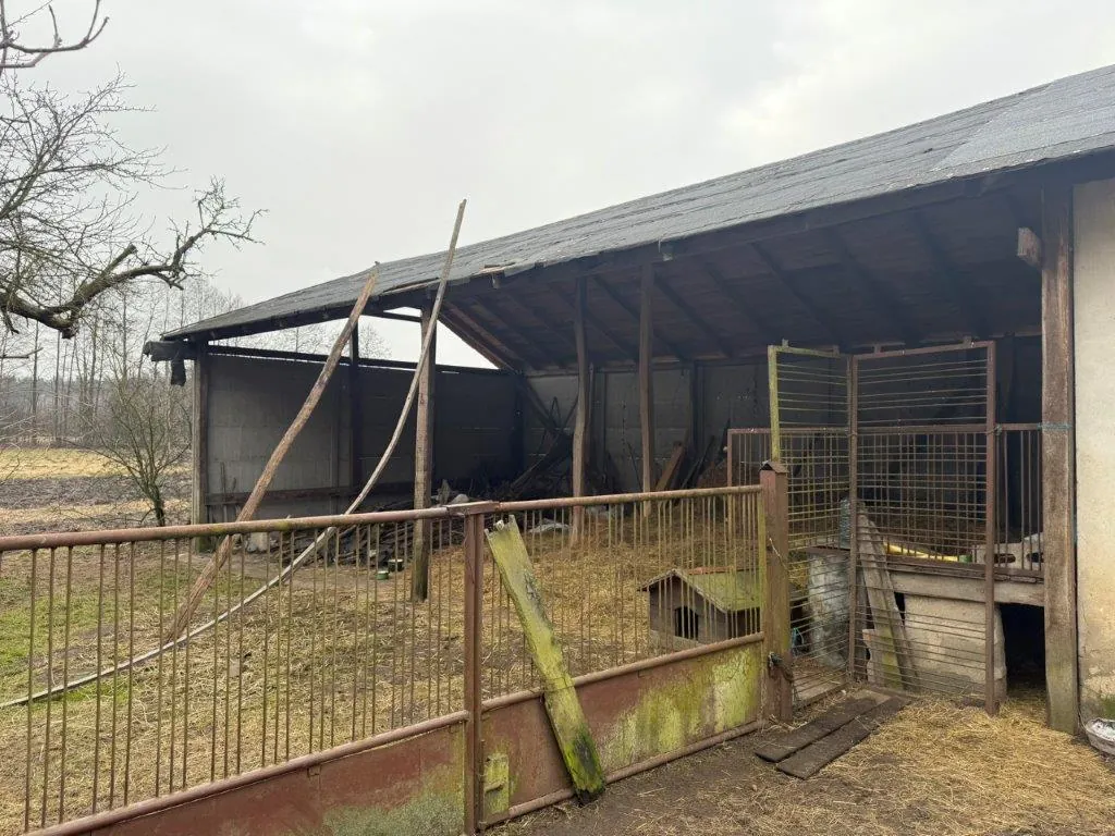 Zdjęcie przedstawiające starą, drewnianą szopę lub wiatę gospodarszą z ciemnym, spadzistym dachem. Przed budynkiem znajduje się metalowy, zardzewiały płot z pionowymi prętami, częściowo porośnięty mchem. Wewnątrz wiaty widoczne są drewniane konstrukcje, kraty oraz mała budka dla zwierząt. W tle po lewej stronie widać bezlistne drzewa i szare, zachmurzone niebo.
