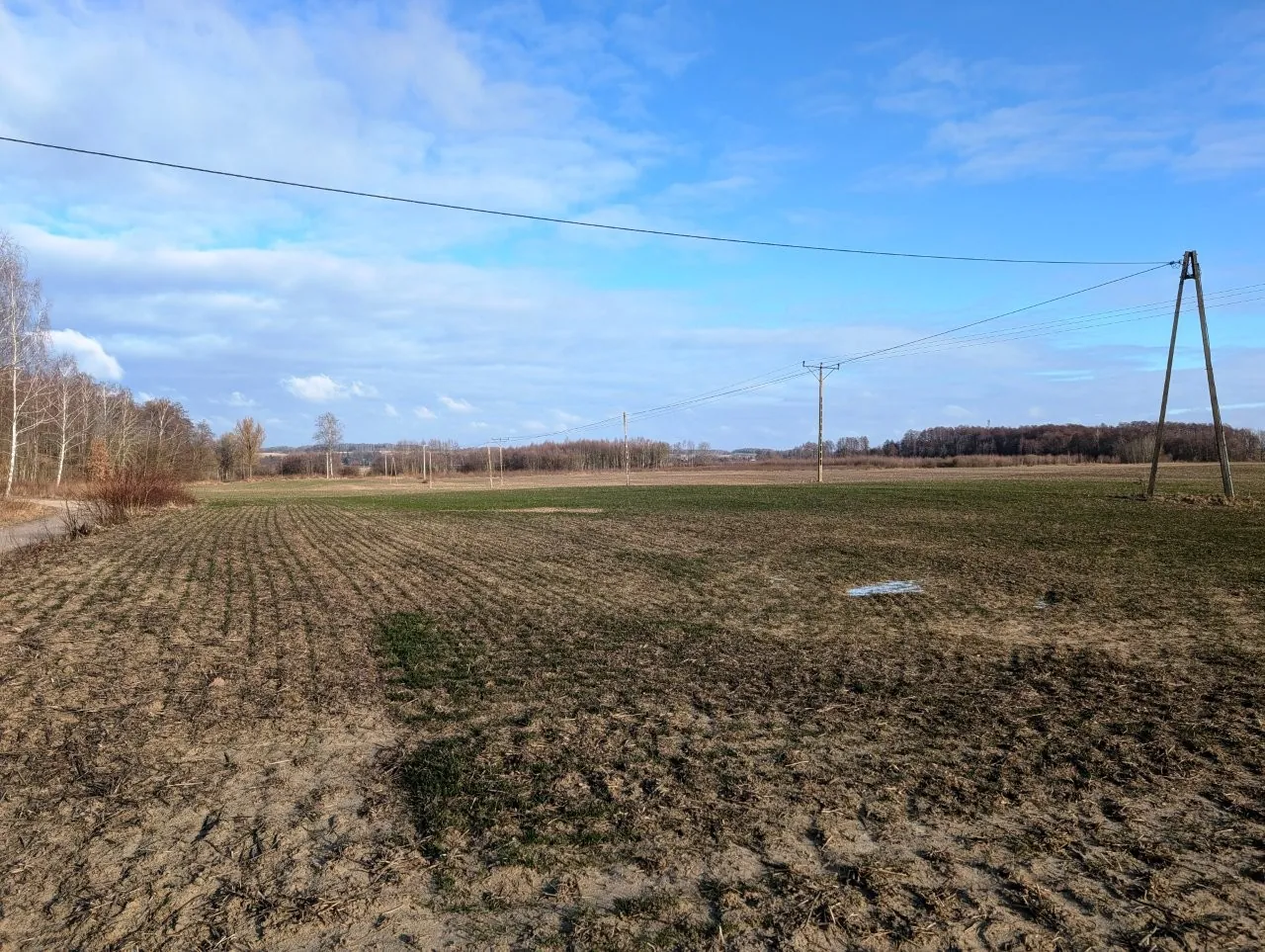 Szeroki kadr przedstawiający otwarty, rolniczy krajobraz pod błękitnym niebem z rozproszonymi białymi chmurami. Na pierwszym planie znajduje się ciemnobrązowa, zaorana ziemia z rzadkimi kępami zielonej roślinności. W oddali widoczna jest linia drzew i niskie wzgórza. Przez górną część obrazu przebiegają linie napowietrzne, wsparte na drewnianych słupach elektrycznych rozmieszczonych wzdłuż pola.