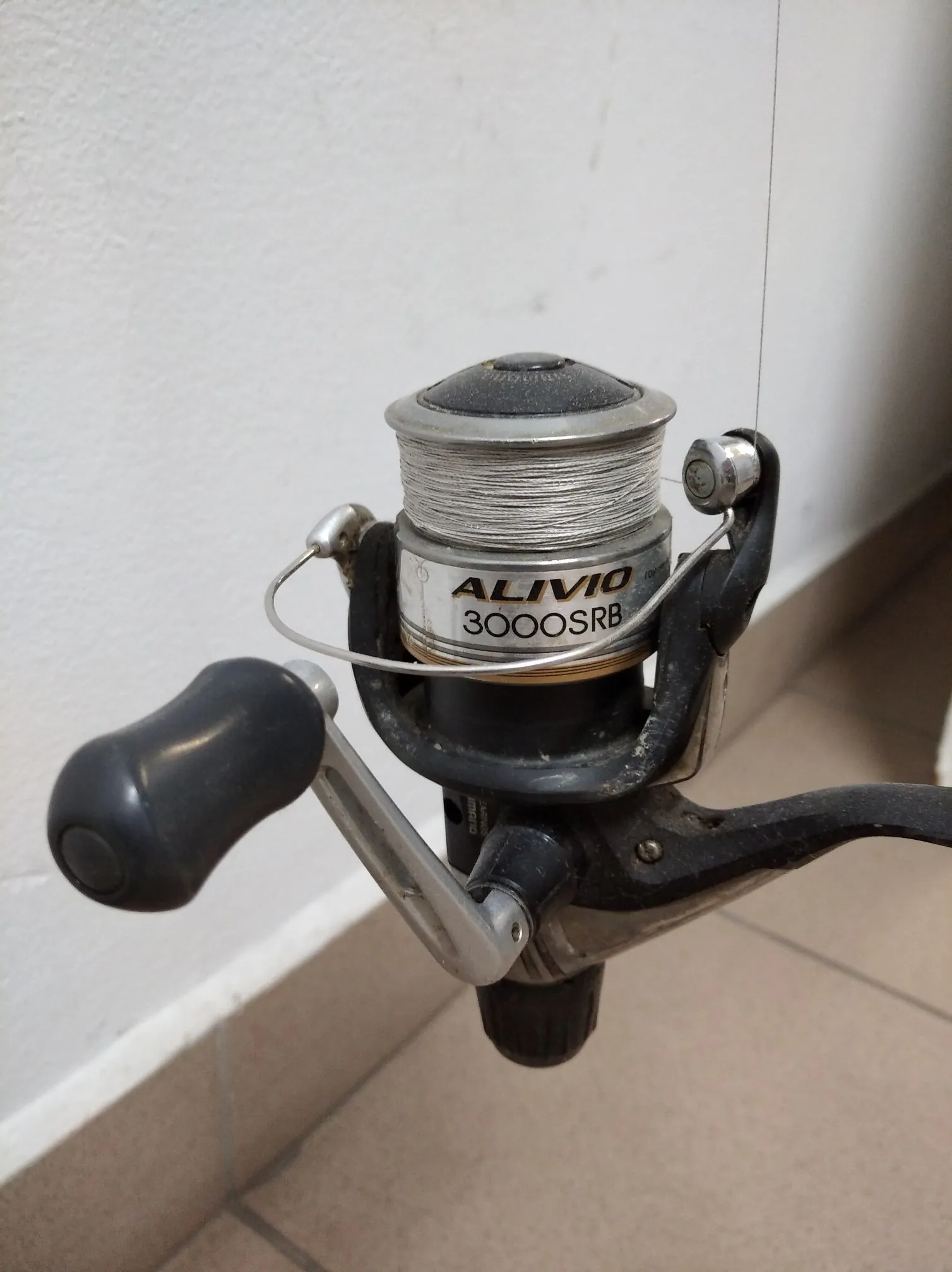 Zbliżenie na kołowrotek wędkarski marki Shimano z napisem 'ALIVIO 3000SRB' na szpuli. Urządzenie jest czarne z srebrnymi elementami, posiada nawiniętą żyłkę oraz czarną rączkę korbki. Kołowrotek znajduje się na jasnym tle ściany.