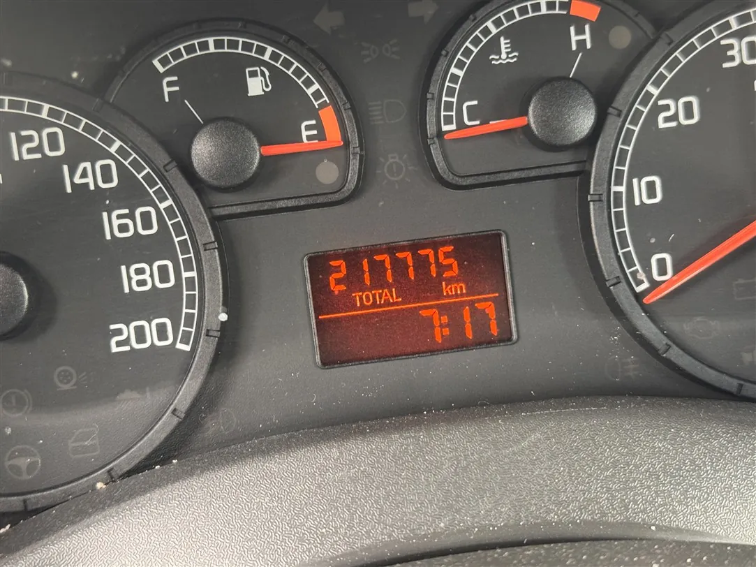 Zbliżenie na deskę rozdzielczą samochodu. Widoczne są fragmenty trzech analogowych wskaźników: prędkościomierza z zakresem do 200 km/h, wskaźnika poziomu paliwa (od F do E) oraz wskaźnika temperatury cieczy chłodzącej (od C do H). W centrum znajduje się cyfrowy wyświetlacz o czerwonym kolorze, który pokazuje przebieg pojazdu: '217775 TOTAL km' oraz godzinę '7:17'.
