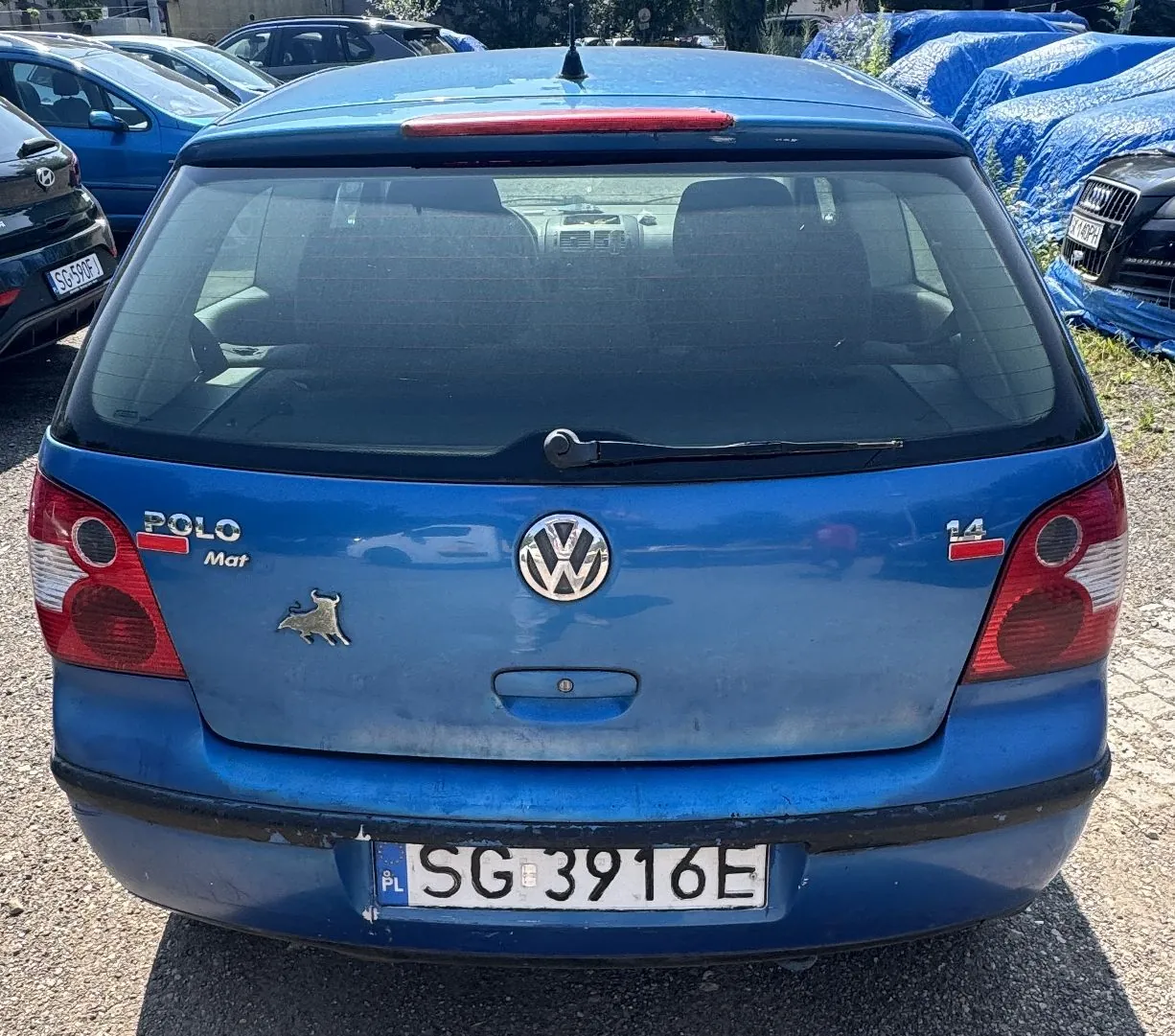 Tylny widok niebieskiego samochodu marki Volkswagen Polo. Na klapie bagażnika widoczne jest logo Volkswagena, napis 'POLO' oraz oznaczenie '1.4'. Poniżej napisu Polo znajduje się mniejszy napis 'Mat' oraz naklejka z sylwetką zwierzęcia. Samochód ma polską tablicę rejestracyjną o numerze SG 3916E.